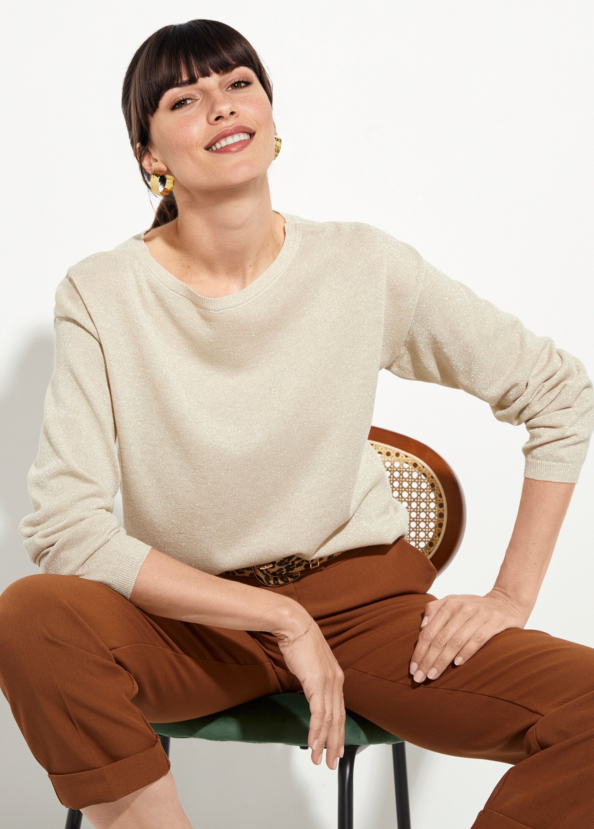 Pull court en maille fine métallisée Femme Beige IA-AR837 MV1