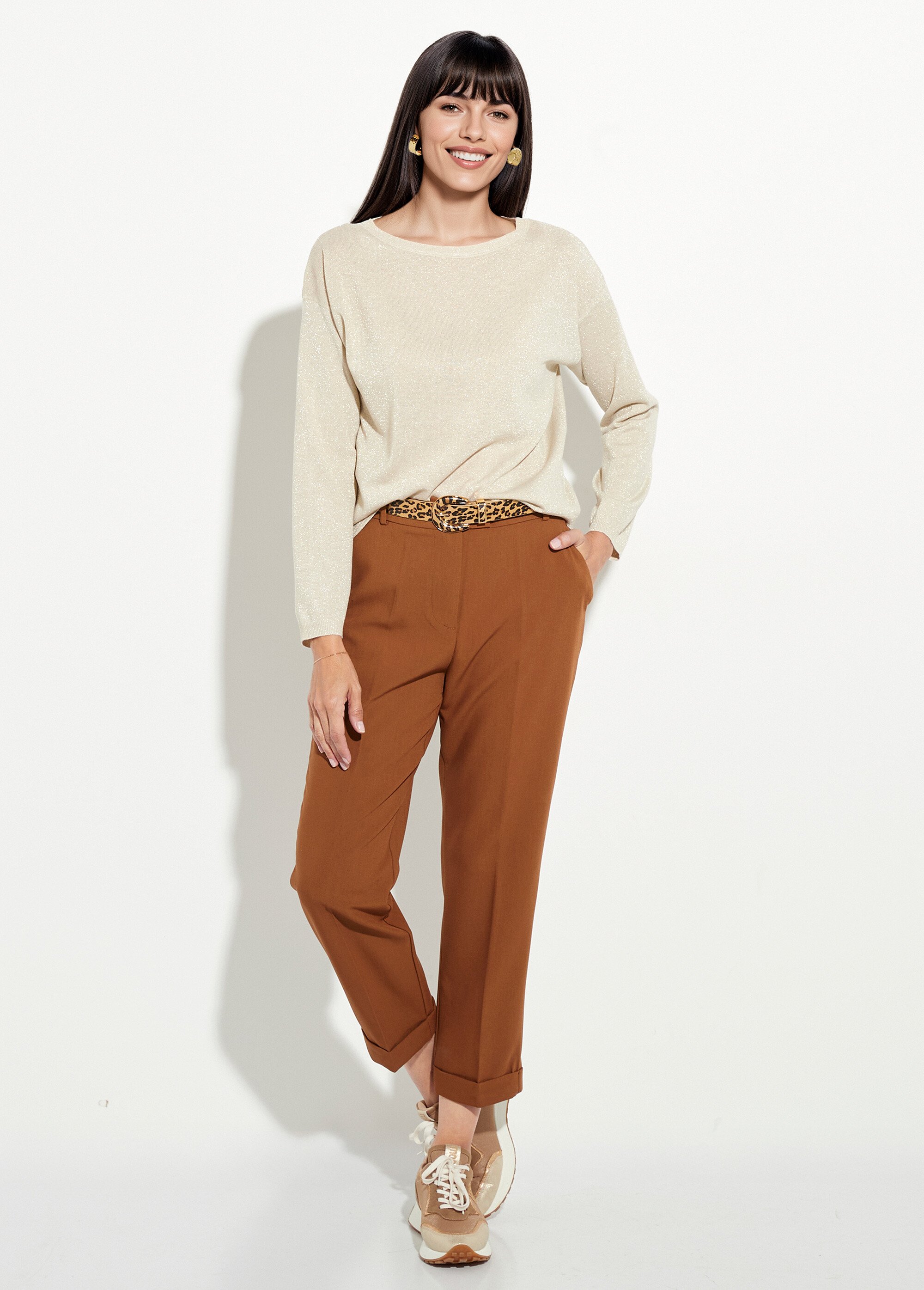 Pull court en maille fine métallisée Femme Beige IA-AR837 SF1