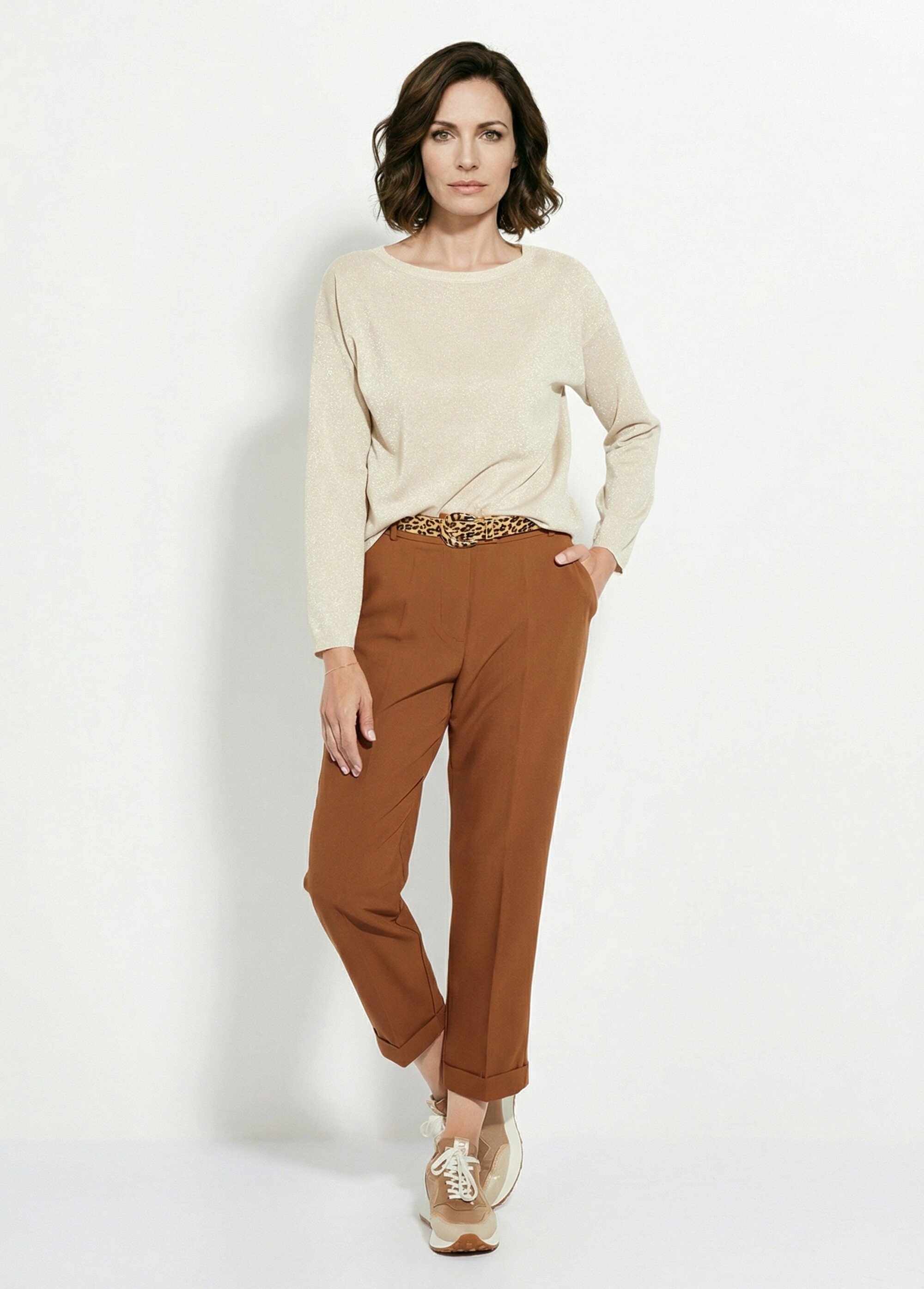 Pull court en maille fine métallisée Femme Beige IA-AR837 SI1