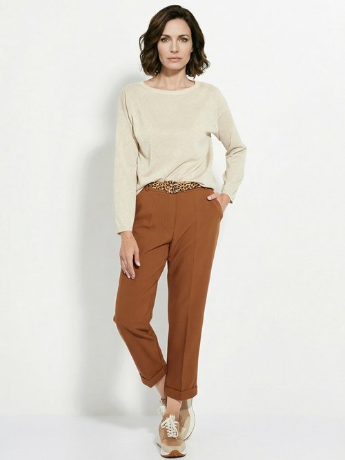 Pull court en maille fine métallisée Femme Beige IA-AR837 SI1