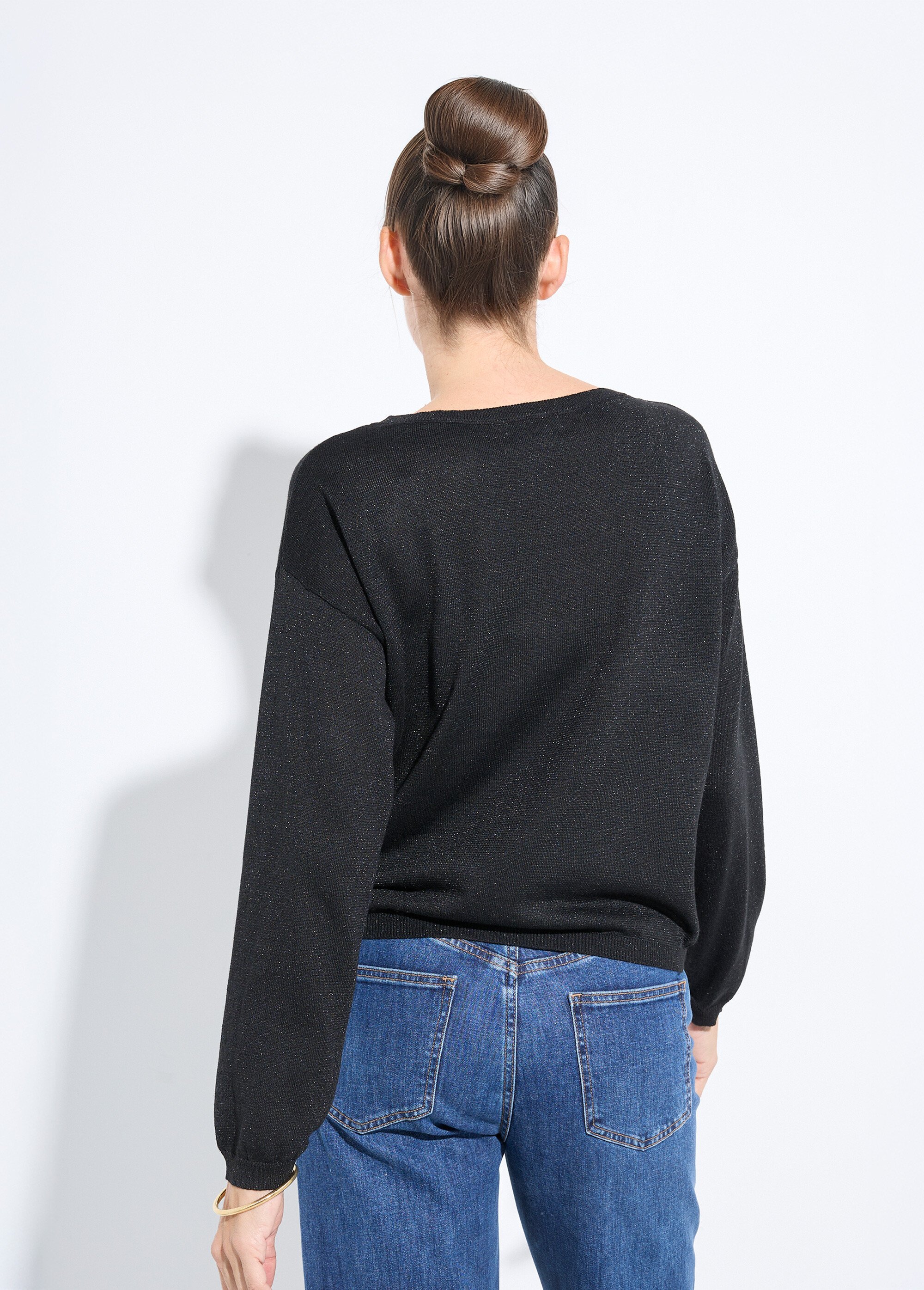 Pull court en maille fine métallisée Femme Noir IA-AR837 DO1