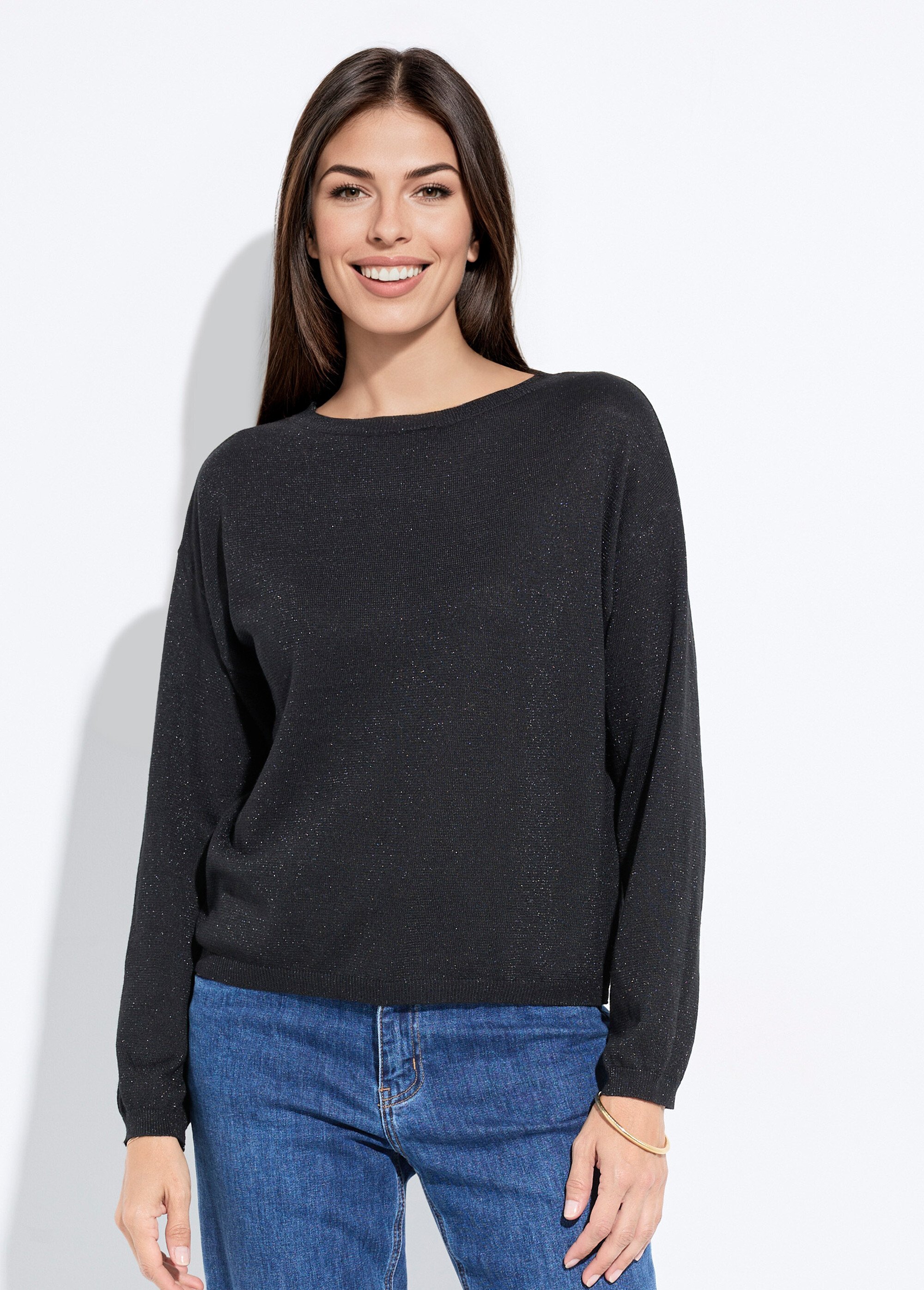 Pull court en maille fine métallisée Femme Noir IA-AR837 FA1