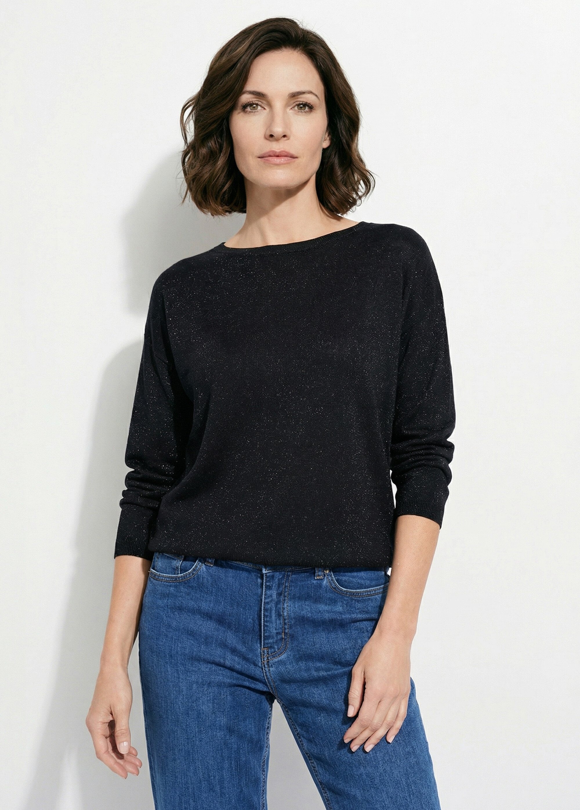 Pull court en maille fine métallisée Femme Noir IA-AR837 FA1