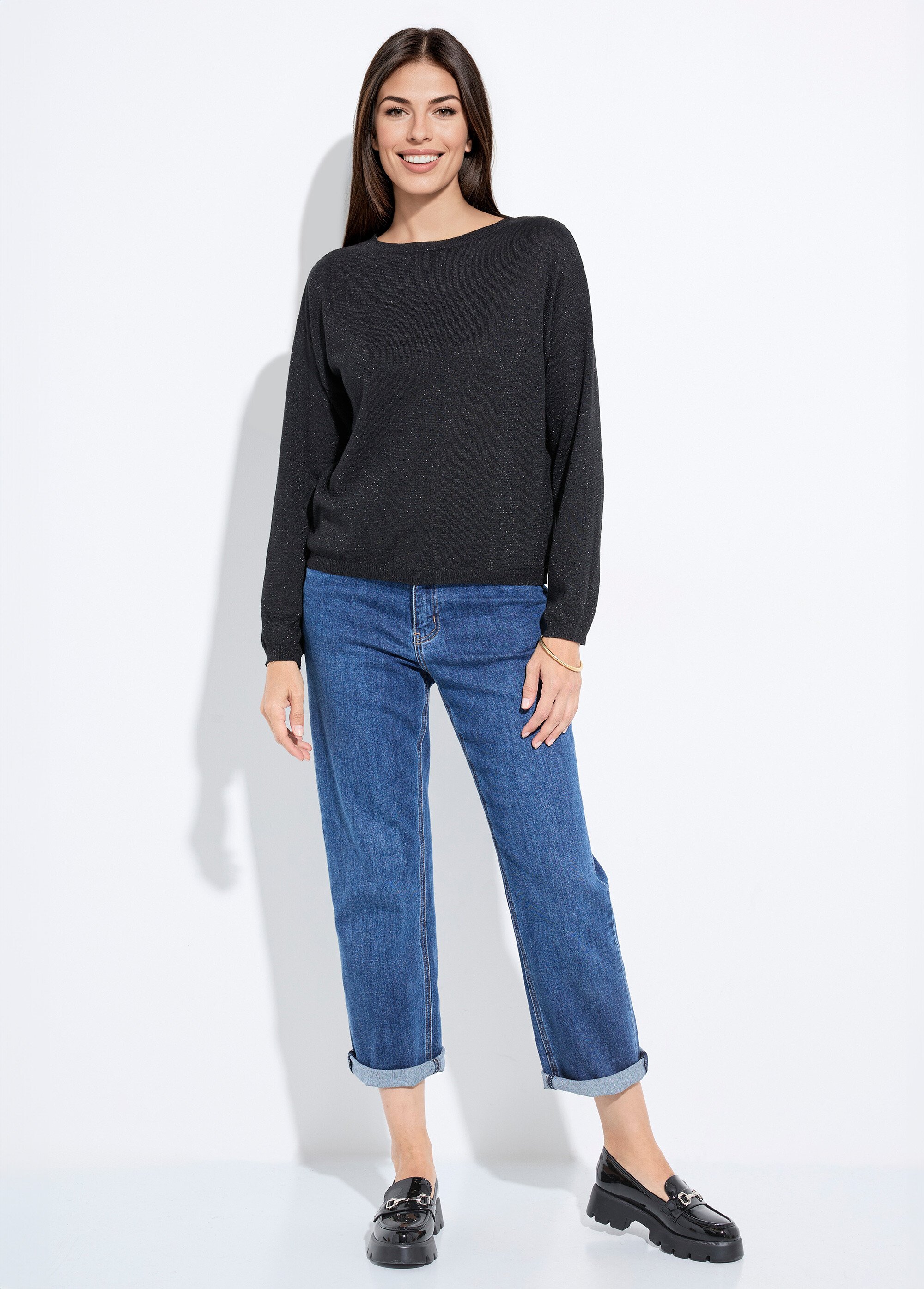 Pull court en maille fine métallisée Femme Noir IA-AR837 SF1