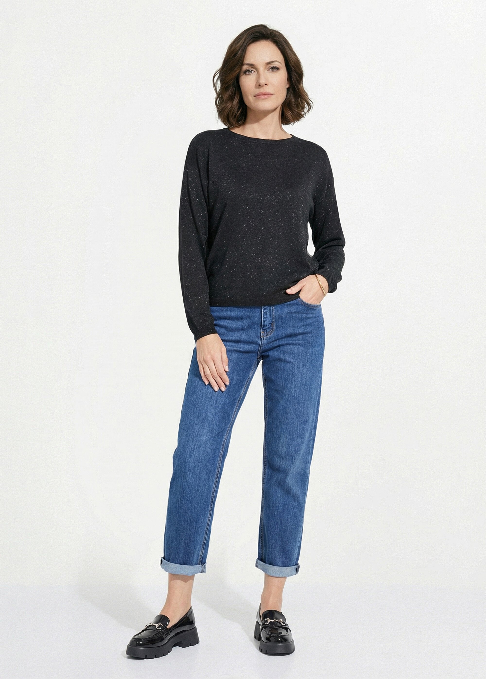 Pull court en maille fine métallisée Femme Noir IA-AR837 SI1