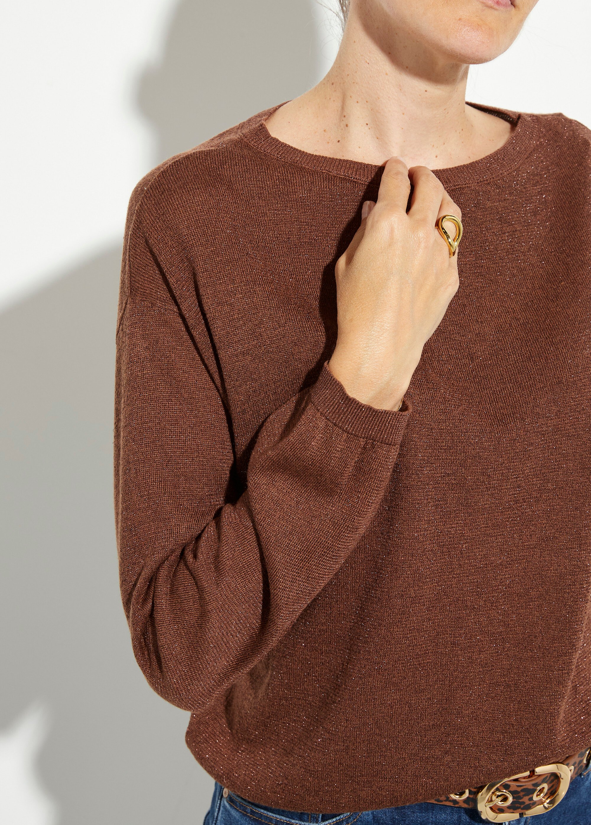 Pull court en maille fine métallisée Femme Marron IA-AR837 DE1