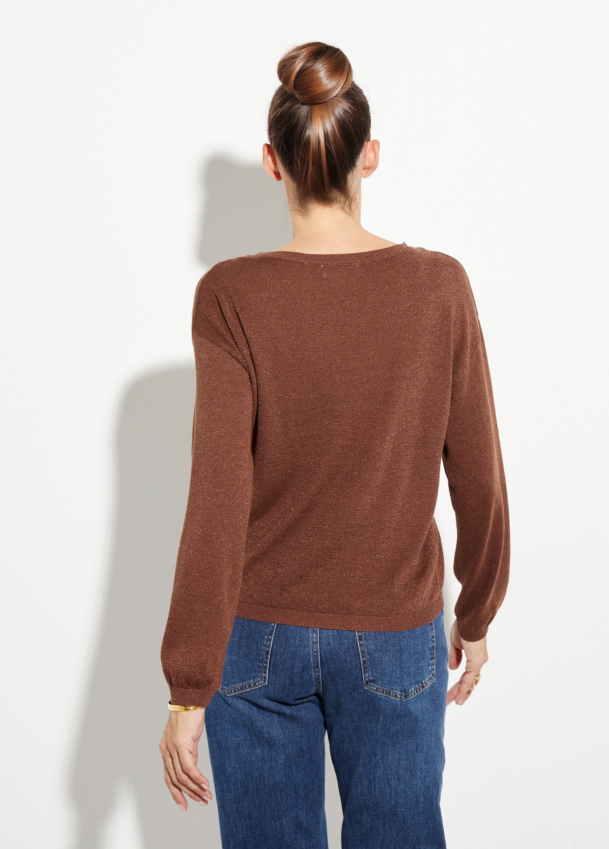 Pull court en maille fine métallisée Femme Marron IA-AR837 DO1