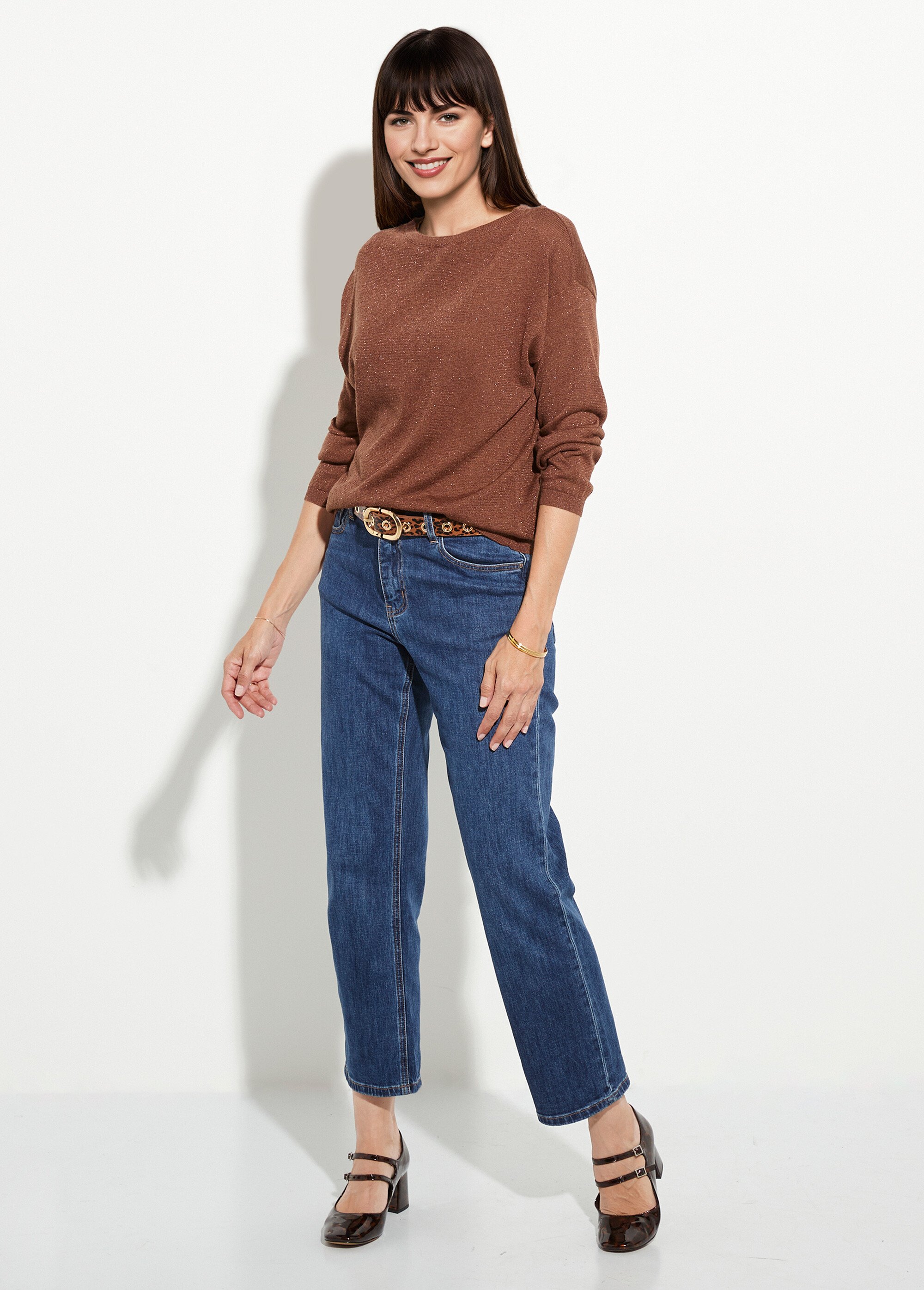 Pull court en maille fine métallisée Femme Marron IA-AR837 SF1