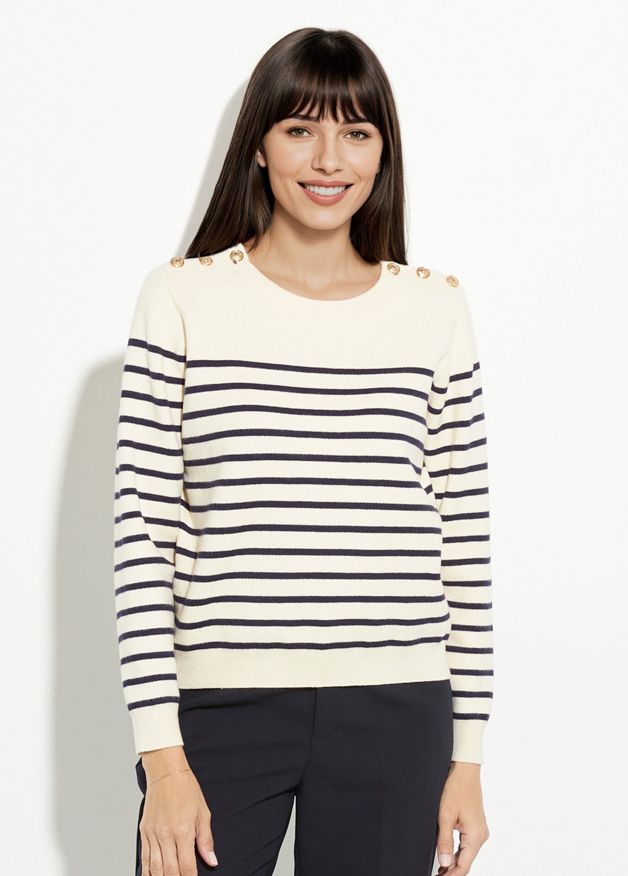 Pull marin épais rayé boutons épaules Femme Blanc IA-W010 FA1