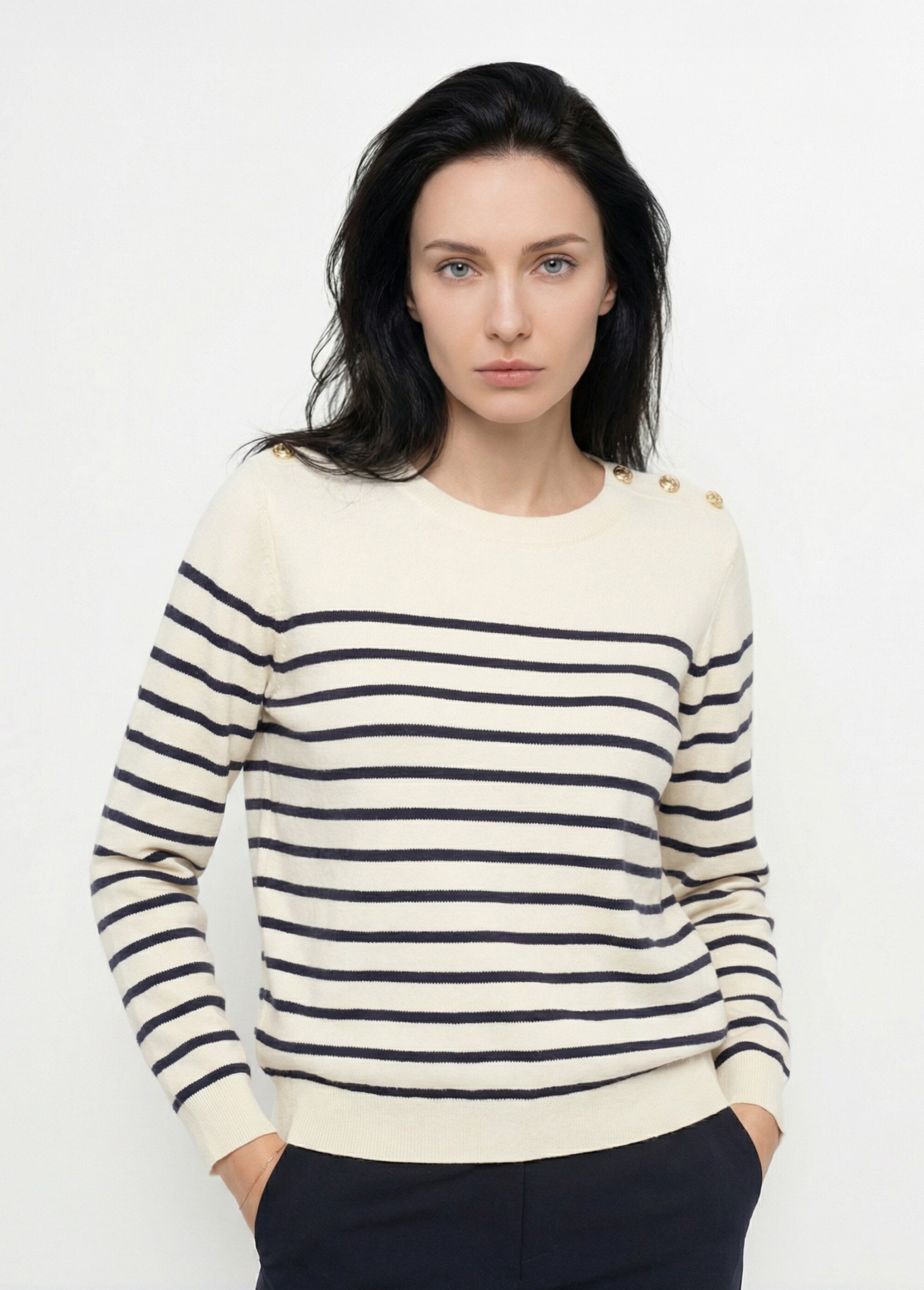 Pull marin épais rayé boutons épaules Femme Blanc IA-W010 FA1