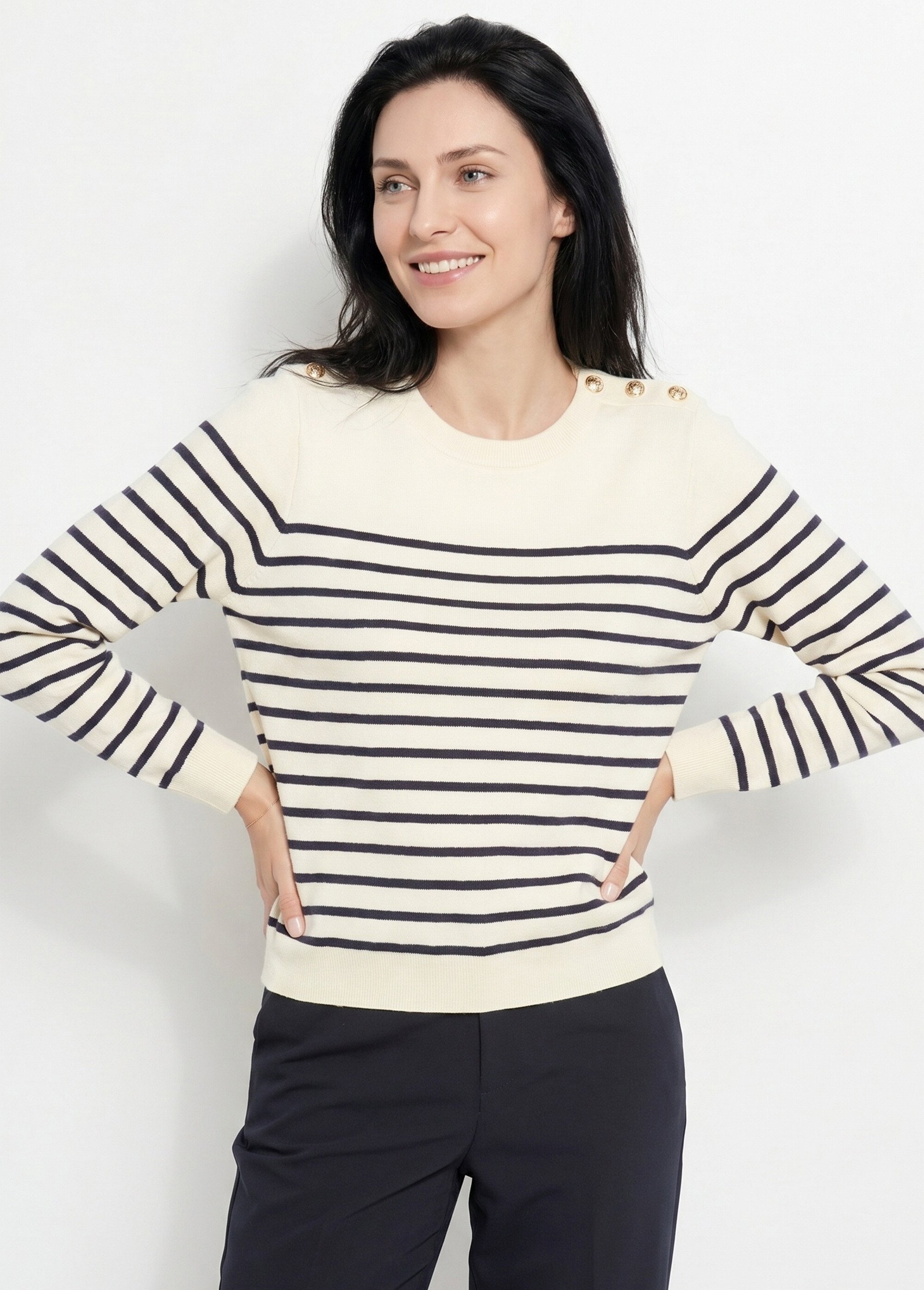 Pull marin épais rayé boutons épaules