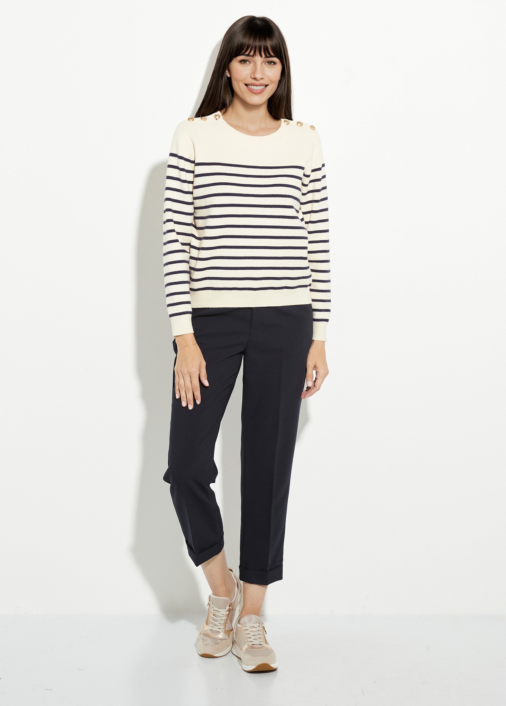 Pull marin épais rayé boutons épaules Femme Blanc IA-W010 SF1