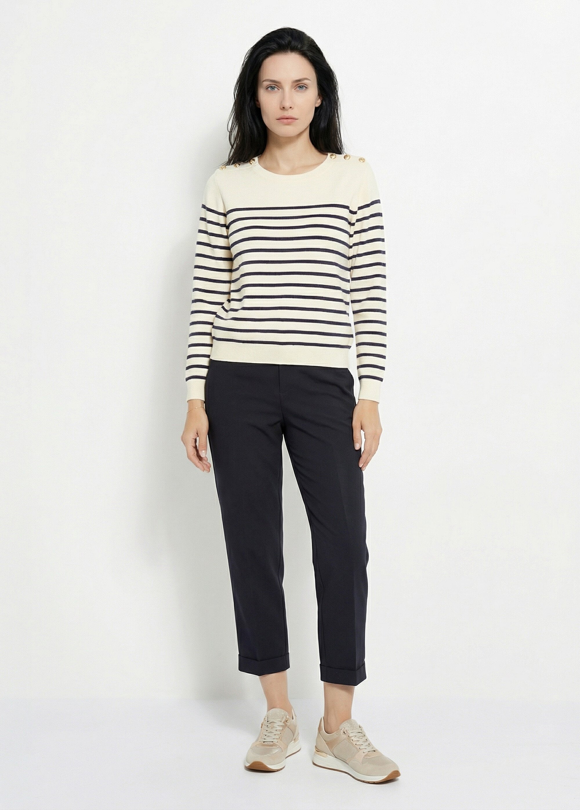 Pull marin épais rayé boutons épaules Femme Blanc IA-W010 SI1