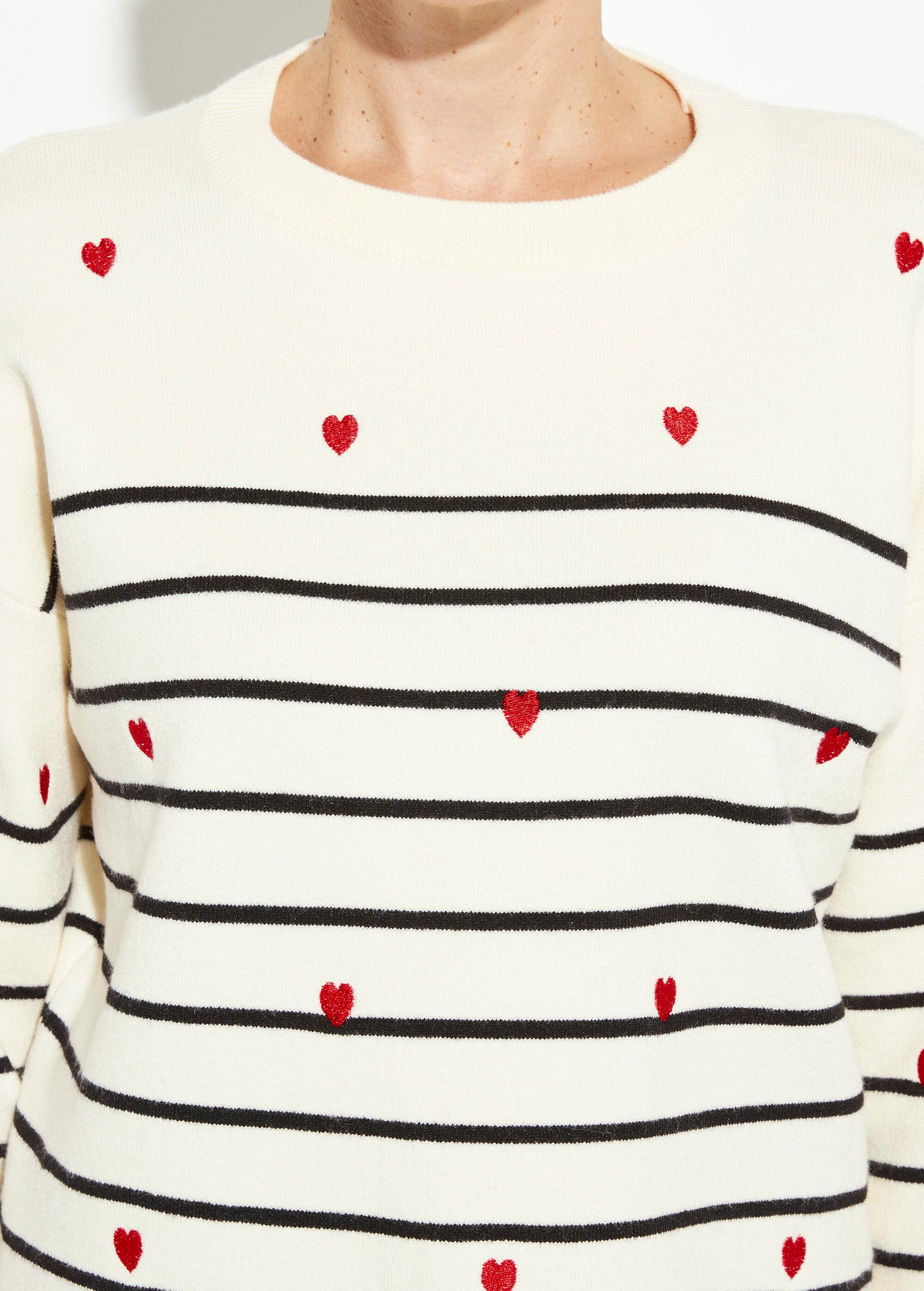 Pull marin épais rayures et coeur, col rond Femme Blanc IA-H6018 DE1