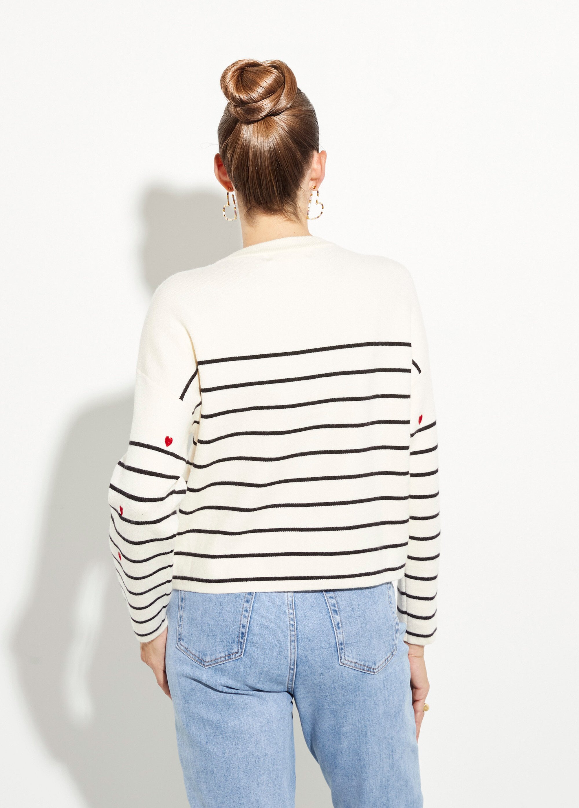 Pull marin épais rayures et coeur, col rond Femme Blanc IA-H6018 DO1