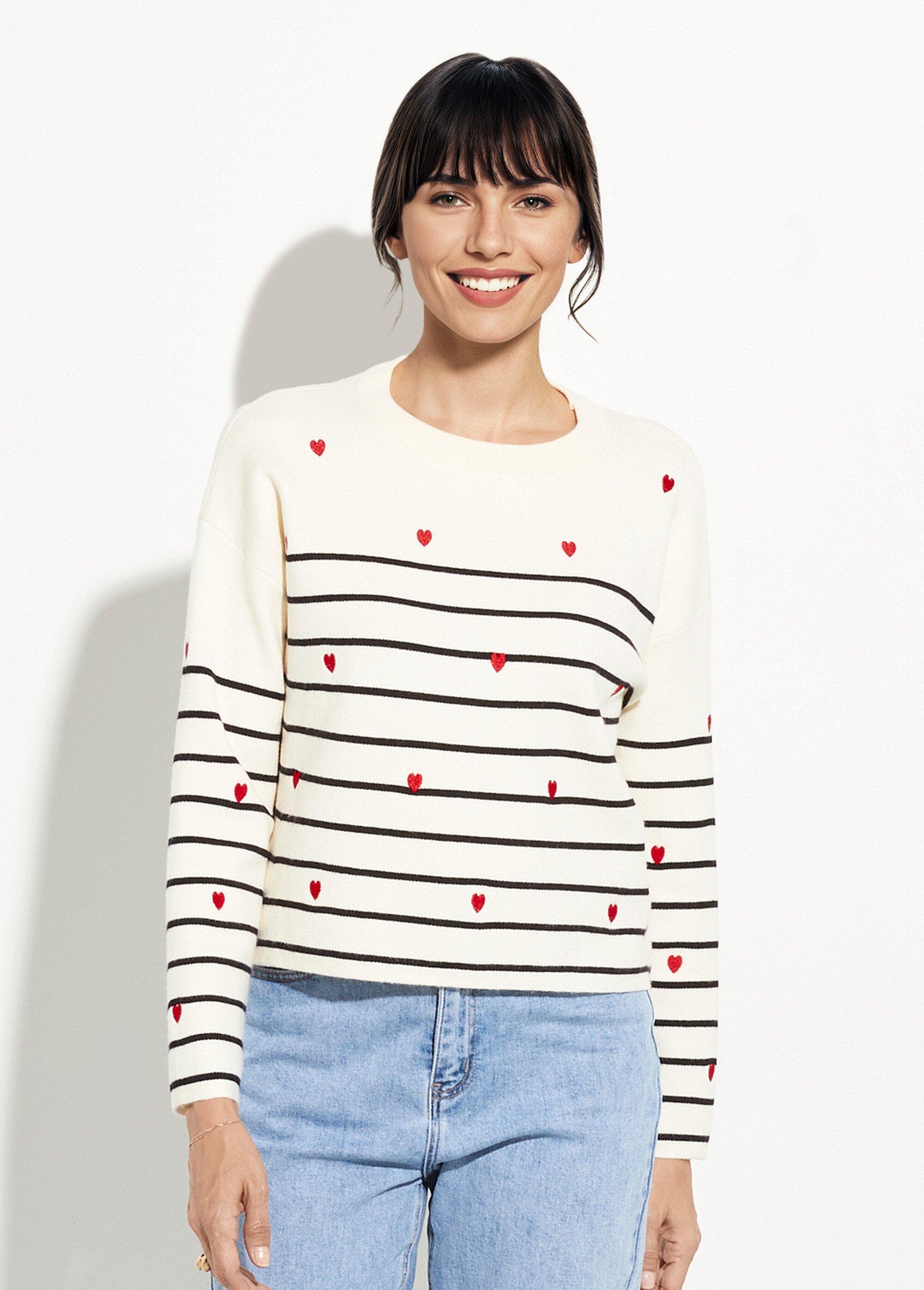 Pull marin épais rayures et coeur, col rond Femme Blanc IA-H6018 FA1