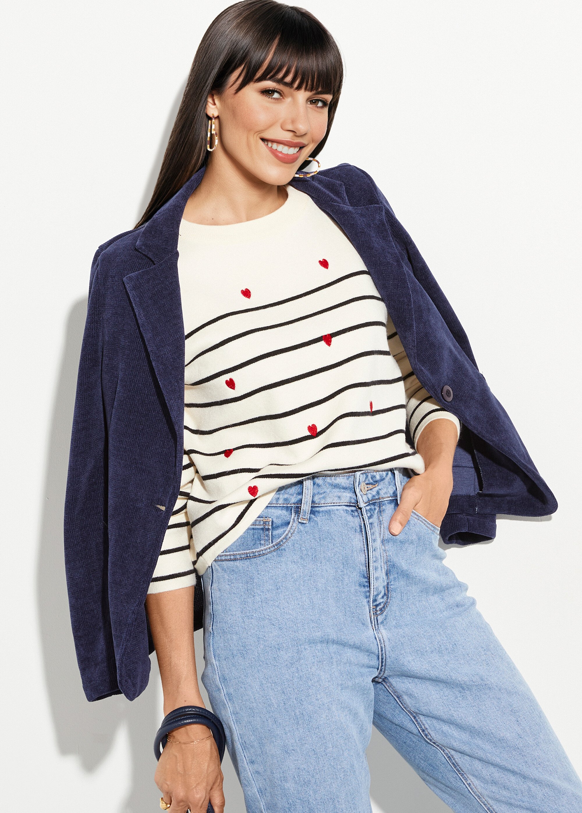 Pull marin épais rayures et coeur, col rond Femme Blanc IA-H6018 MV1