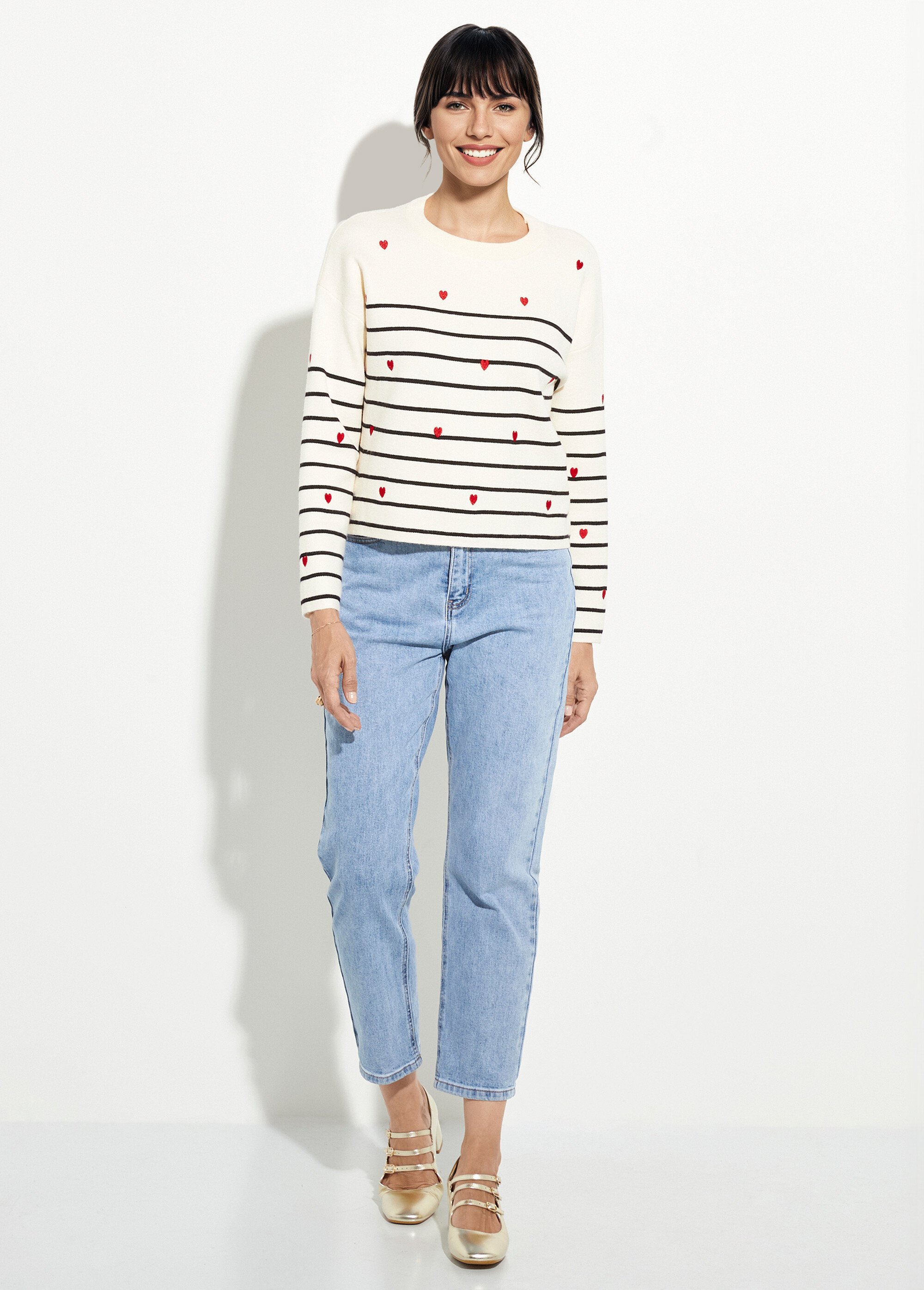 Pull marin épais rayures et coeur, col rond Femme Blanc IA-H6018 SF1