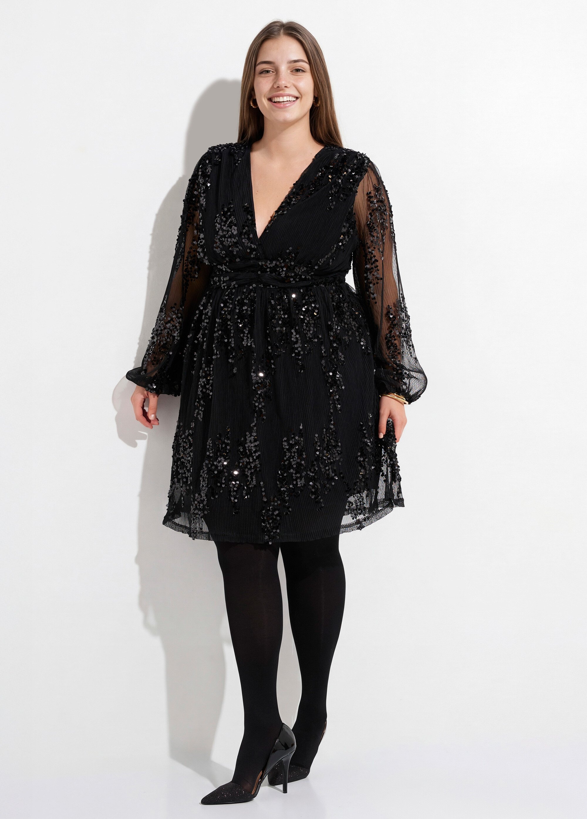 Robe chic en voile et sequins brillants Femme Grande Taille Noir MA-1036-2356 FA1