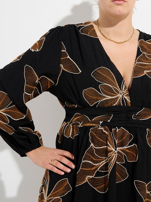 Robe col V, broderies fleurs stylisées Femme Grande Taille Noir MA-M282-2338 DE1