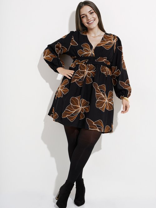 Robe col V, broderies fleurs stylisées Femme Grande Taille Noir MA-M282-2338 MV1