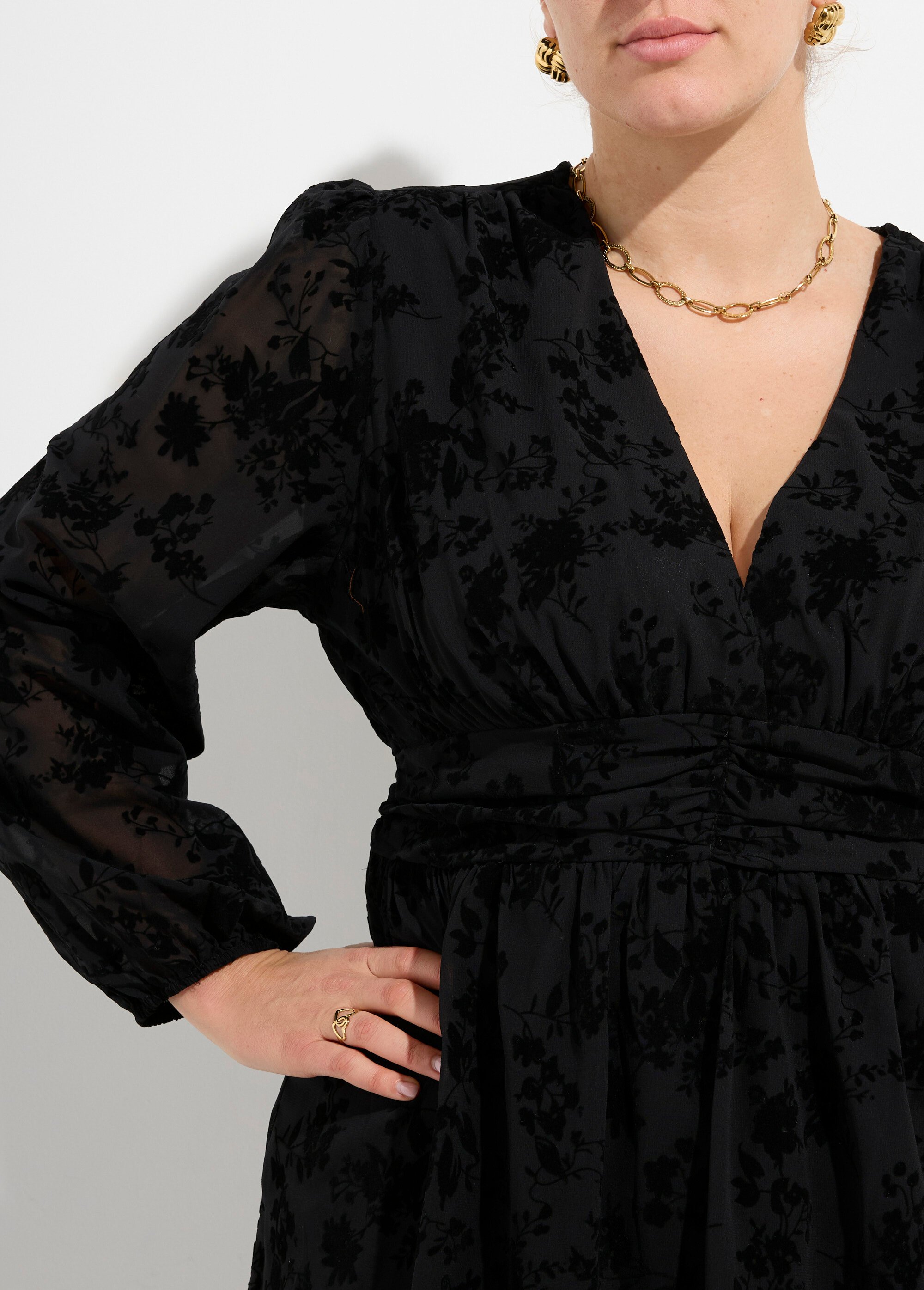 Robe col V en voile et motif velours Femme Grande Taille Noir MA-M282-2103 DE1