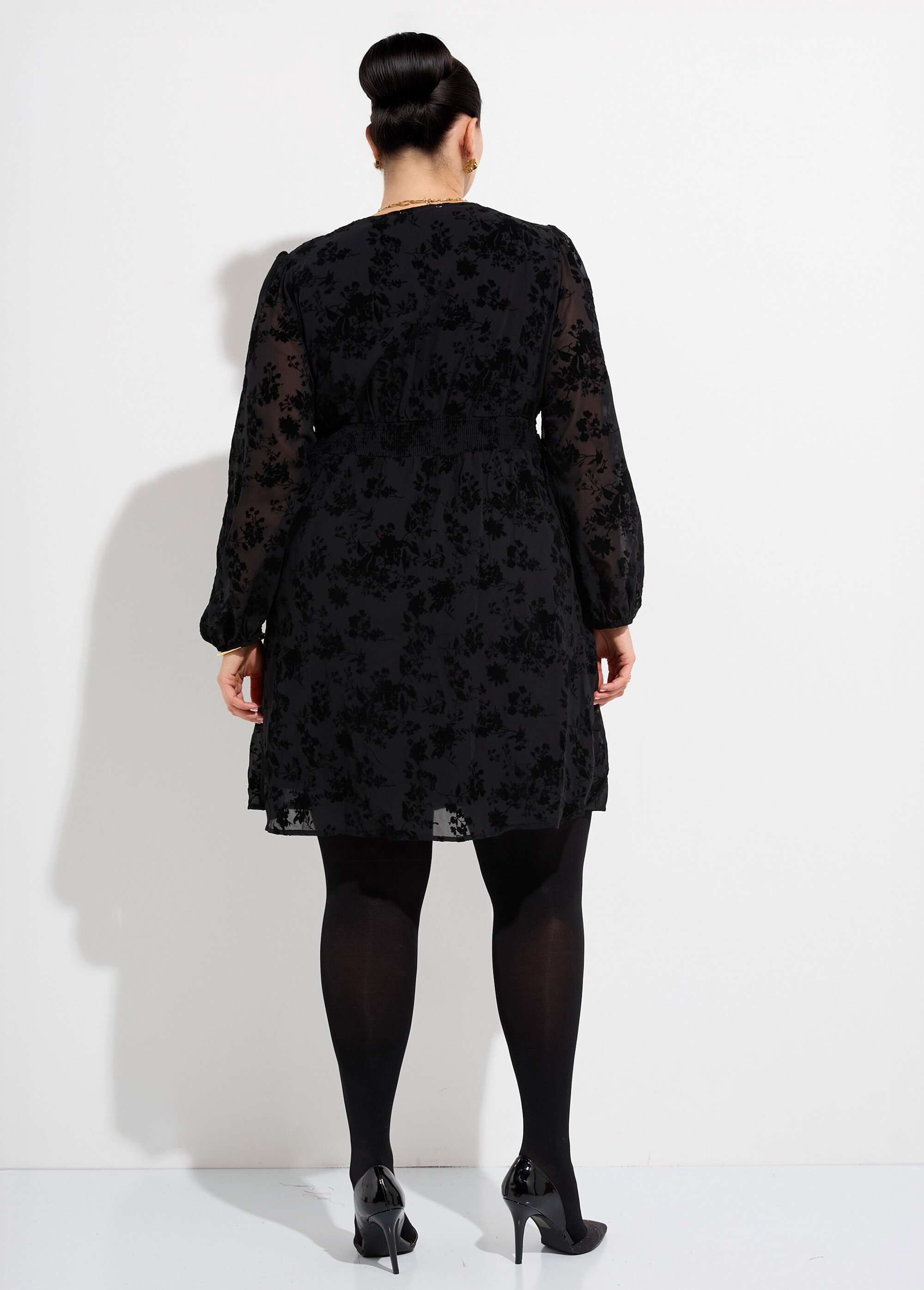 Robe col V en voile et motif velours Femme Grande Taille Noir MA-M282-2103 DO1