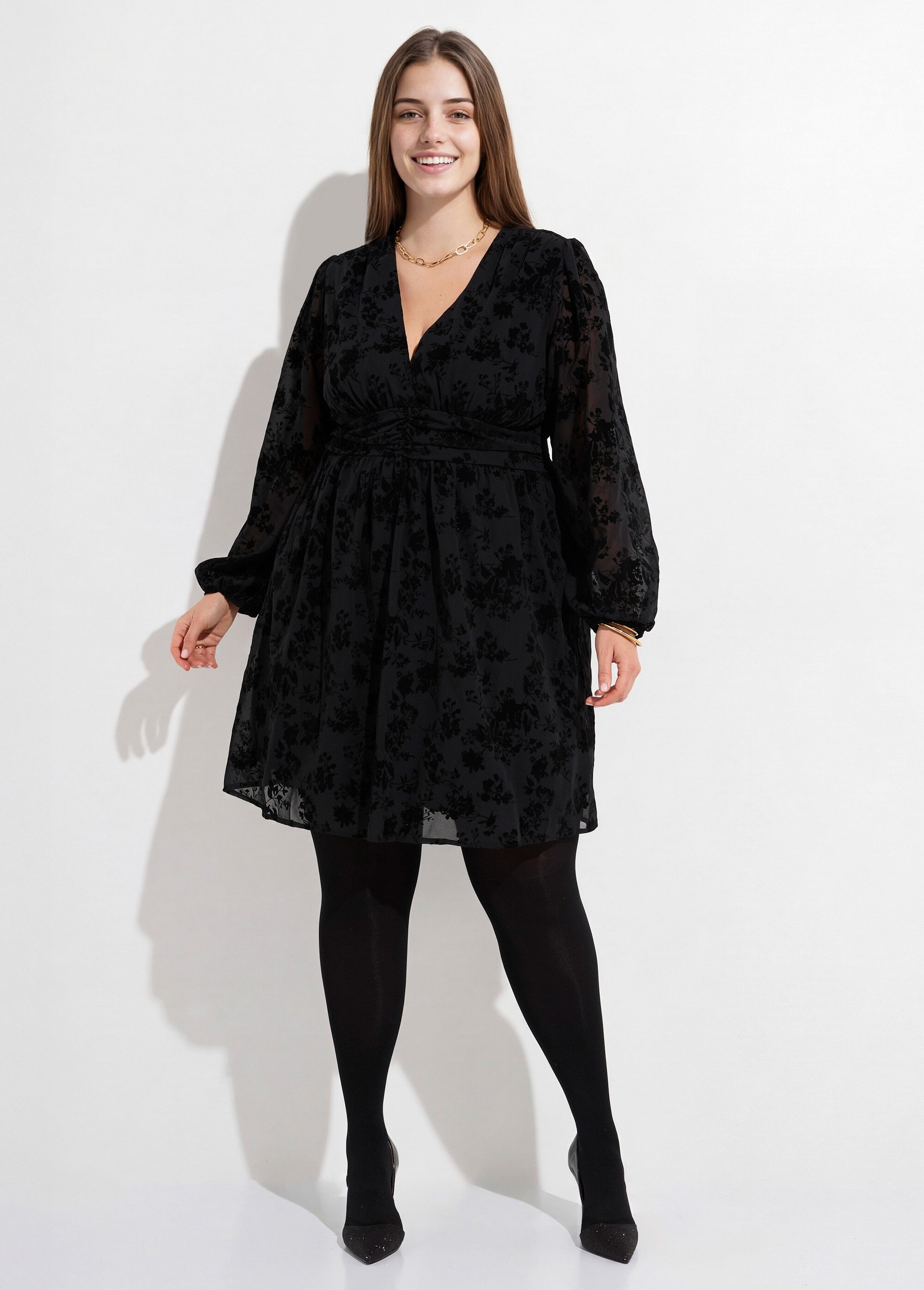 Robe col V en voile et motif velours Femme Grande Taille Noir MA-M282-2103 FA1