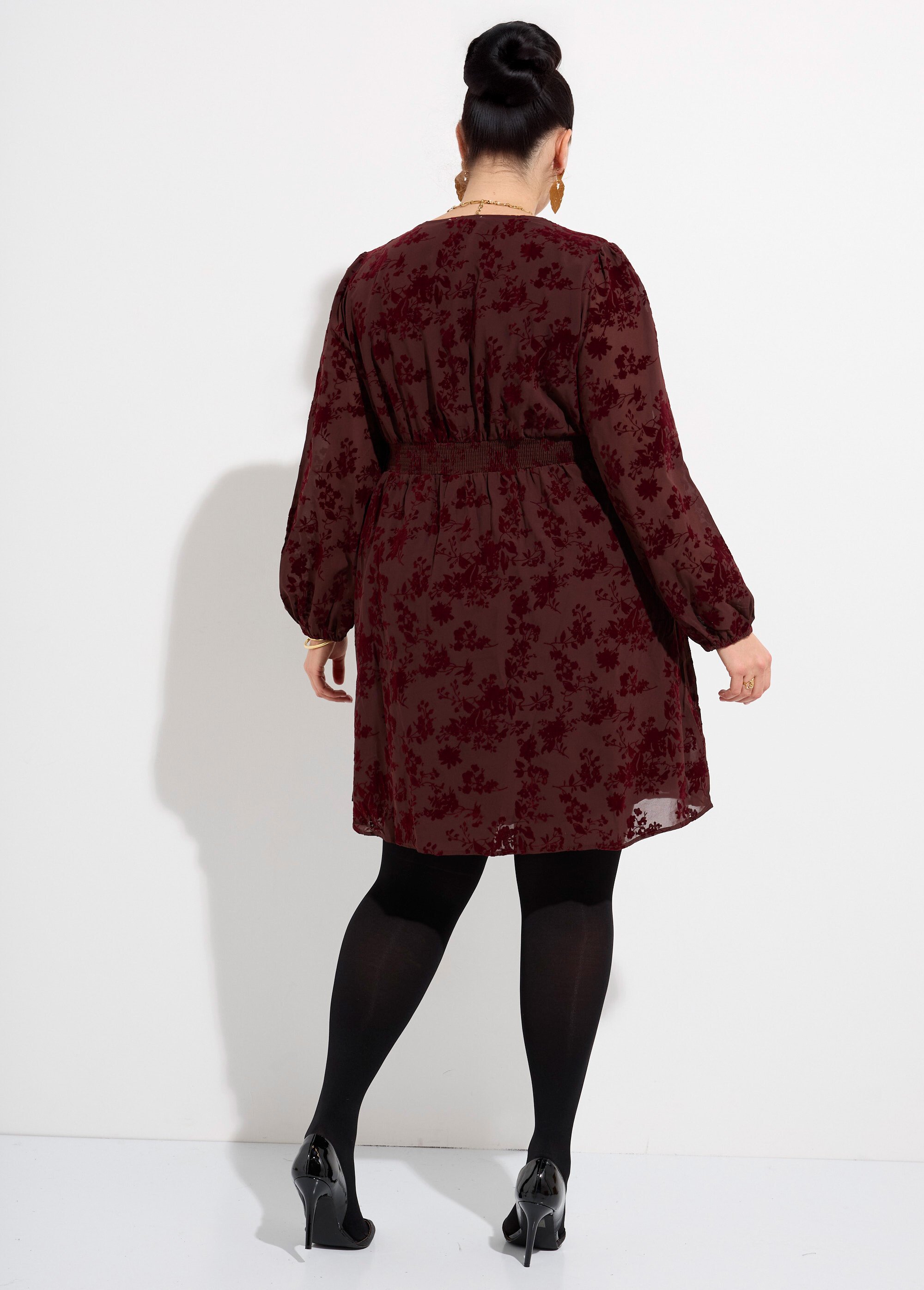 Robe col V en voile et motif velours Femme Grande Taille Rouge MA-M282-2103 DO1