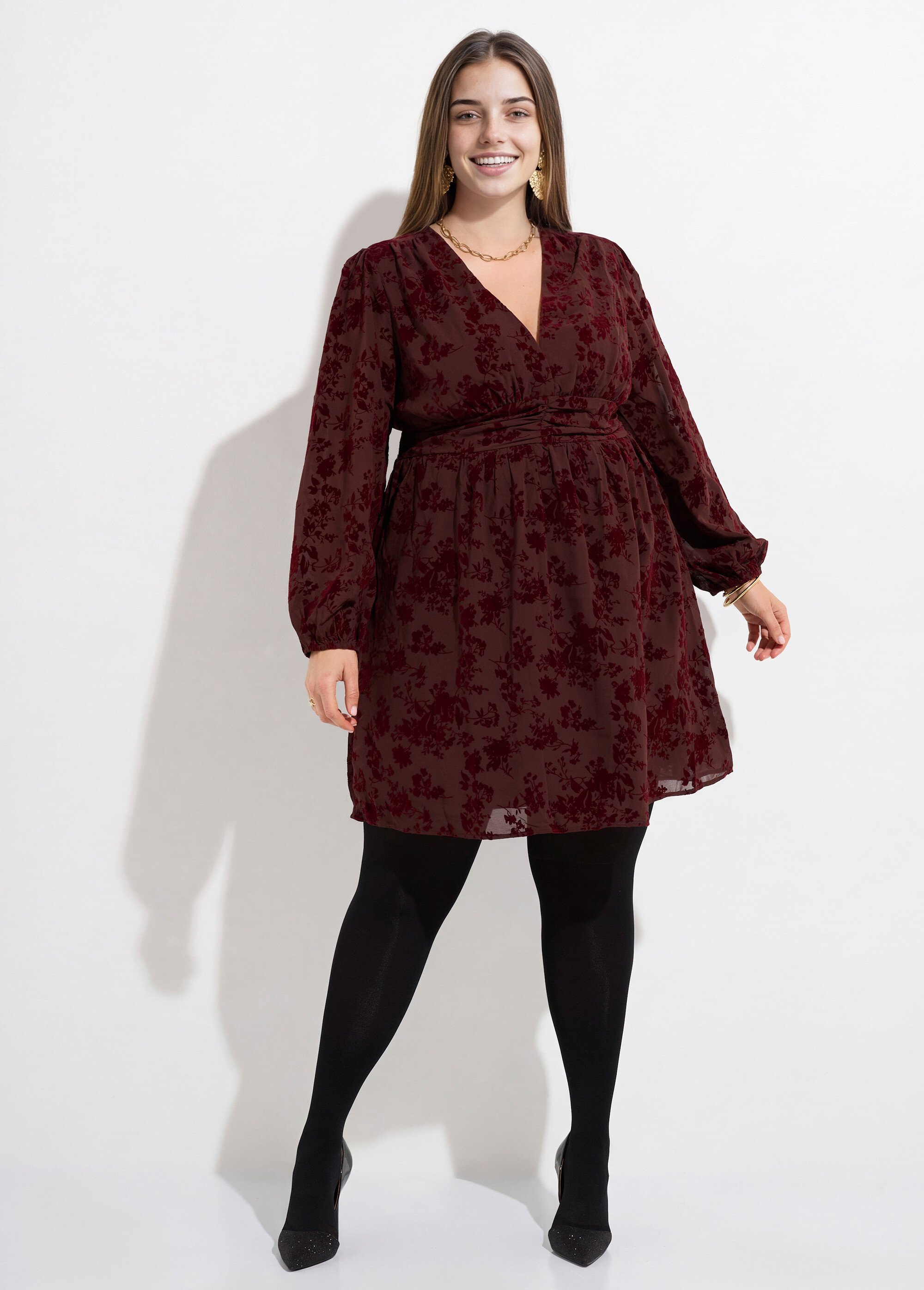 Robe col V en voile et motif velours Femme Grande Taille Rouge MA-M282-2103 FA1