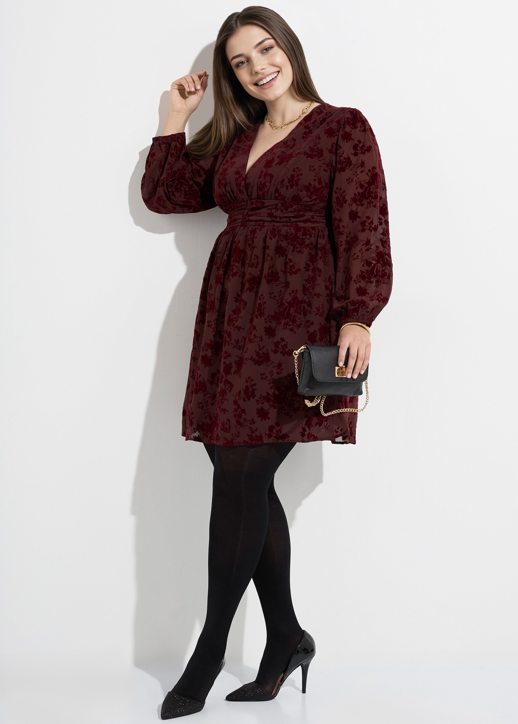 Robe col V en voile et motif velours Femme Grande Taille Rouge MA-M282-2103 MV1