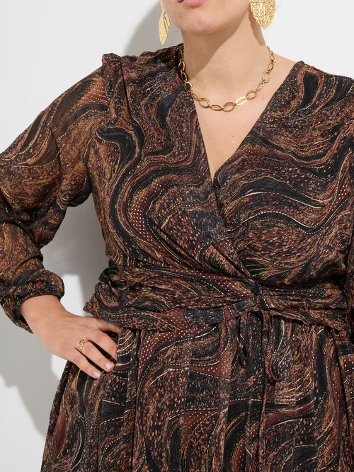 Robe col V, voile fantaisie et doré Femme Grande Taille Marron MA-M1179-2326 DE1