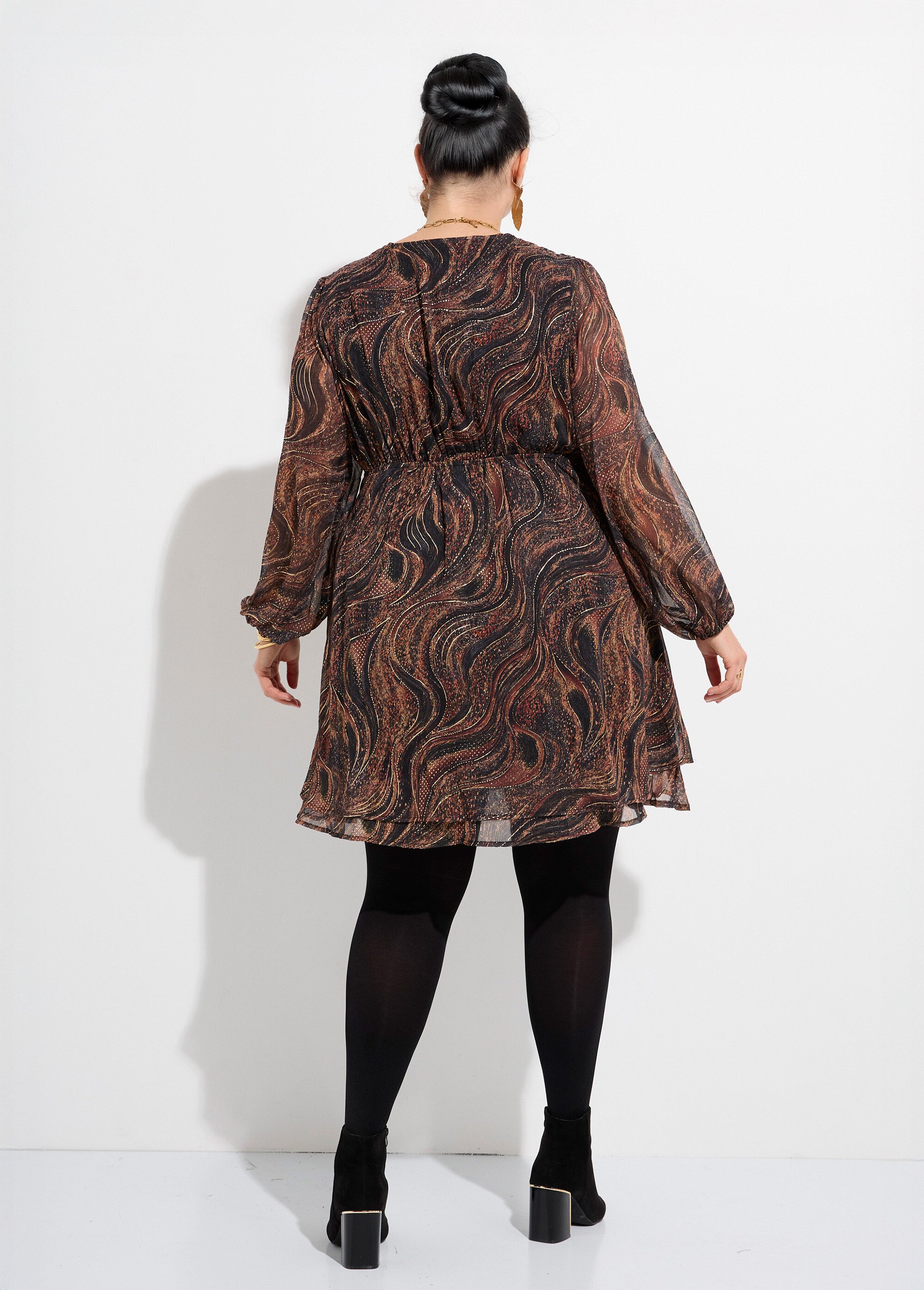 Robe col V, voile fantaisie et doré Femme Grande Taille Marron MA-M1179-2326 DO1