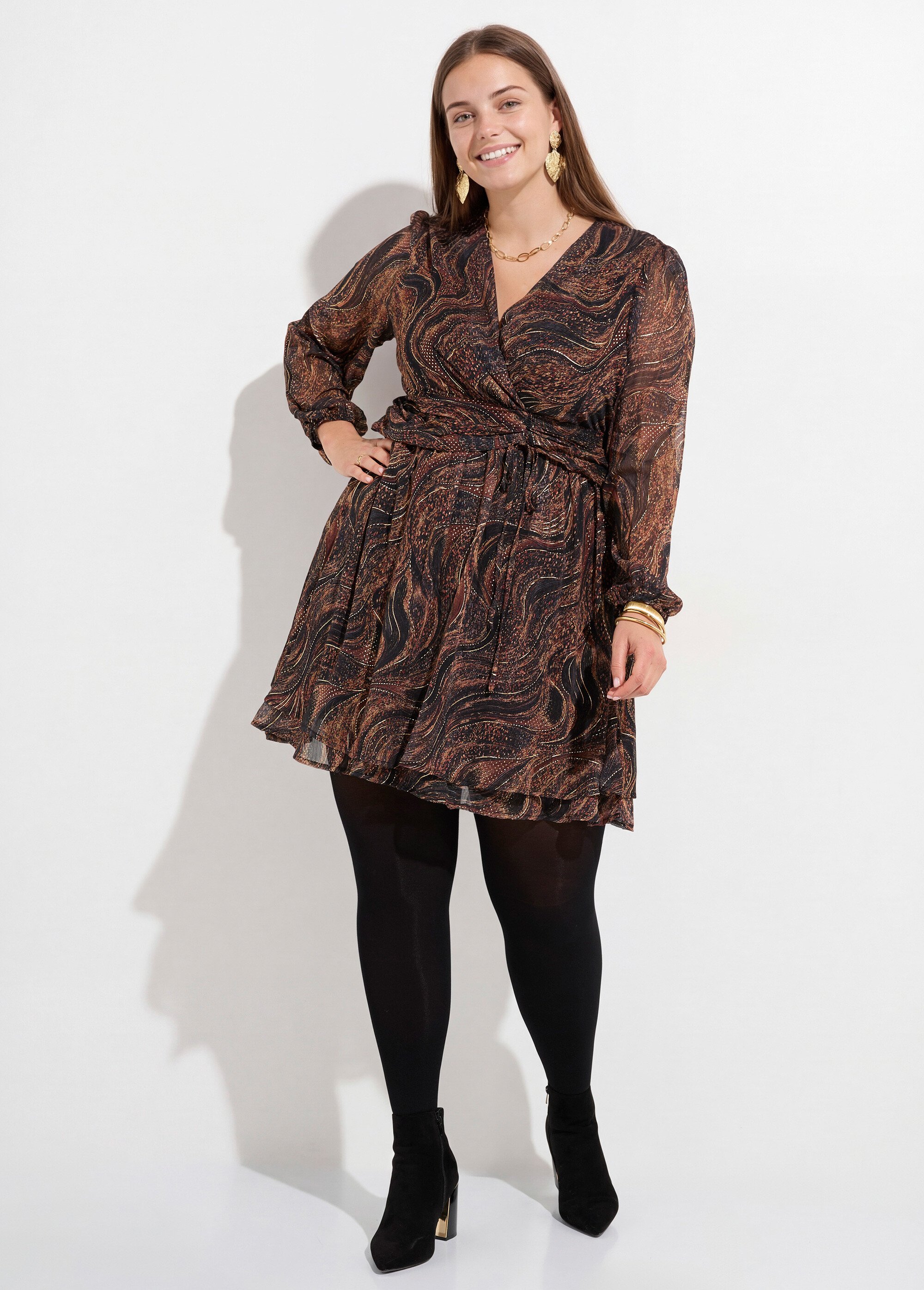 Robe col V, voile fantaisie et doré Femme Grande Taille Marron MA-M1179-2326 FA1