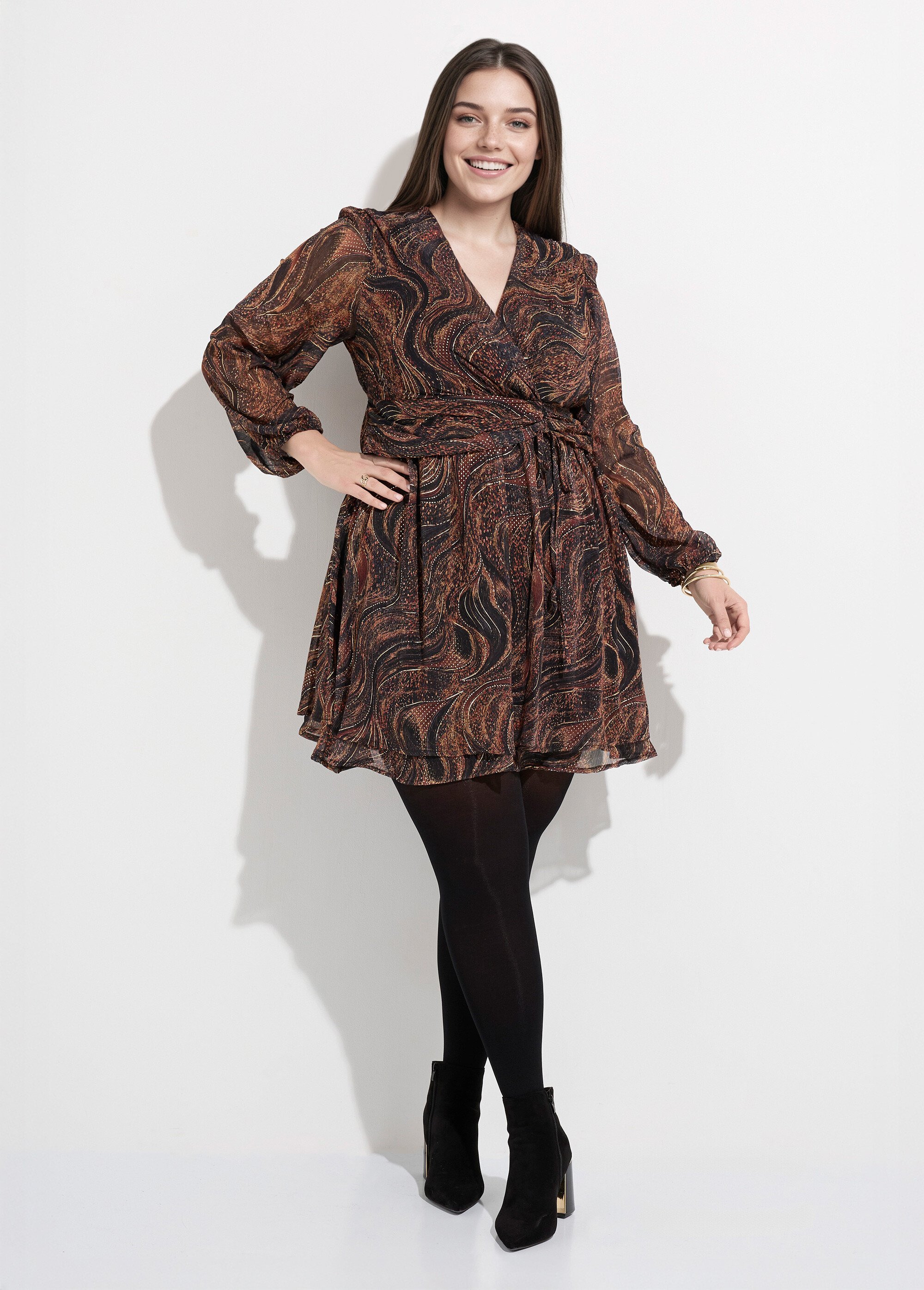Robe col V, voile fantaisie et doré Femme Grande Taille Marron MA-M1179-2326 MV1