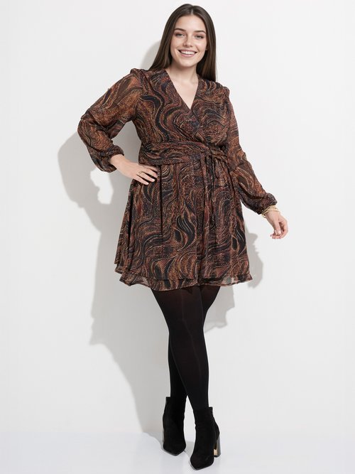 Robe col V, voile fantaisie et doré Femme Grande Taille Marron MA-M1179-2326 MV1