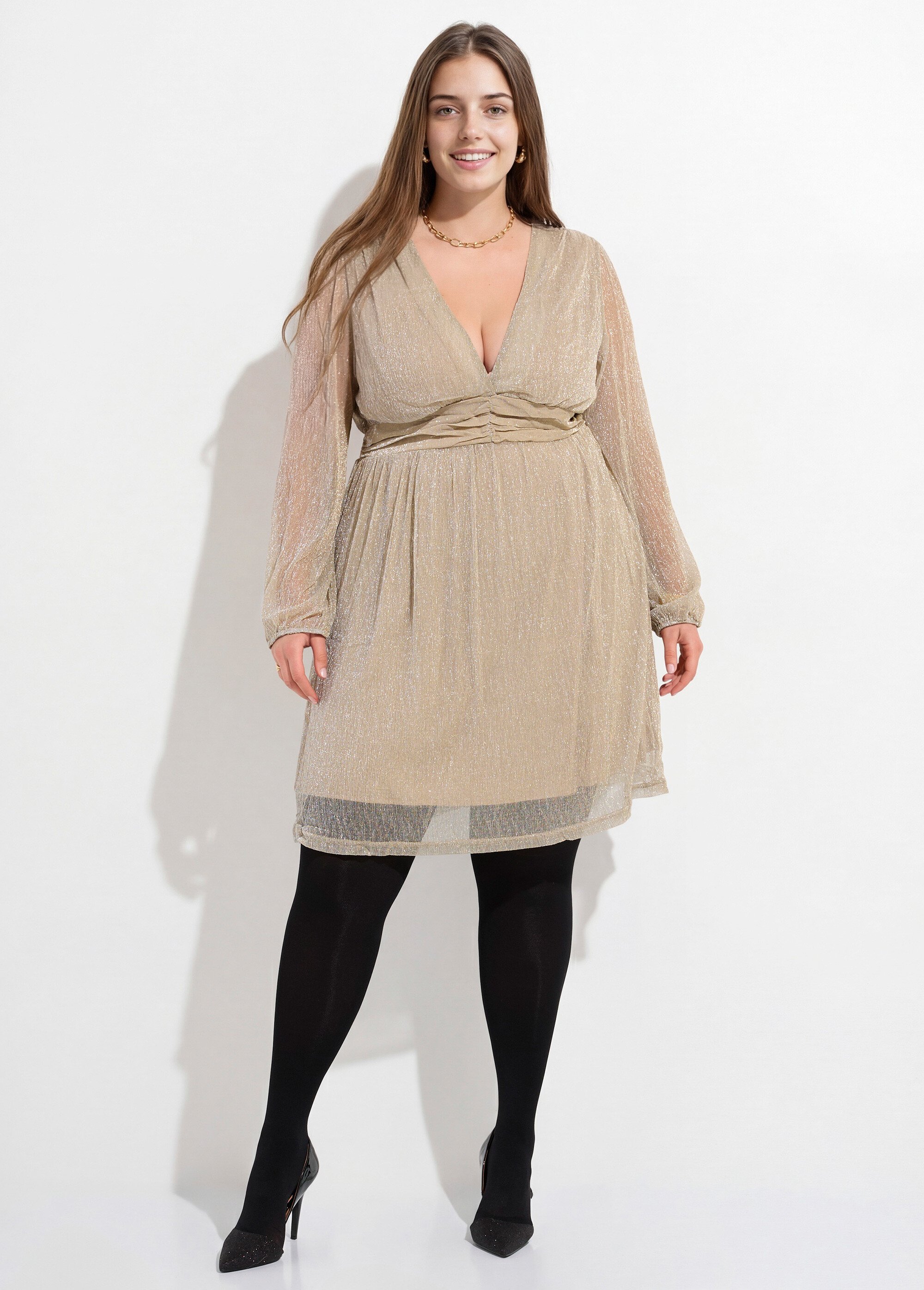 Robe taille haute chic en voile pailleté Femme Grande Taille Doré MA-1036-1211 FA1