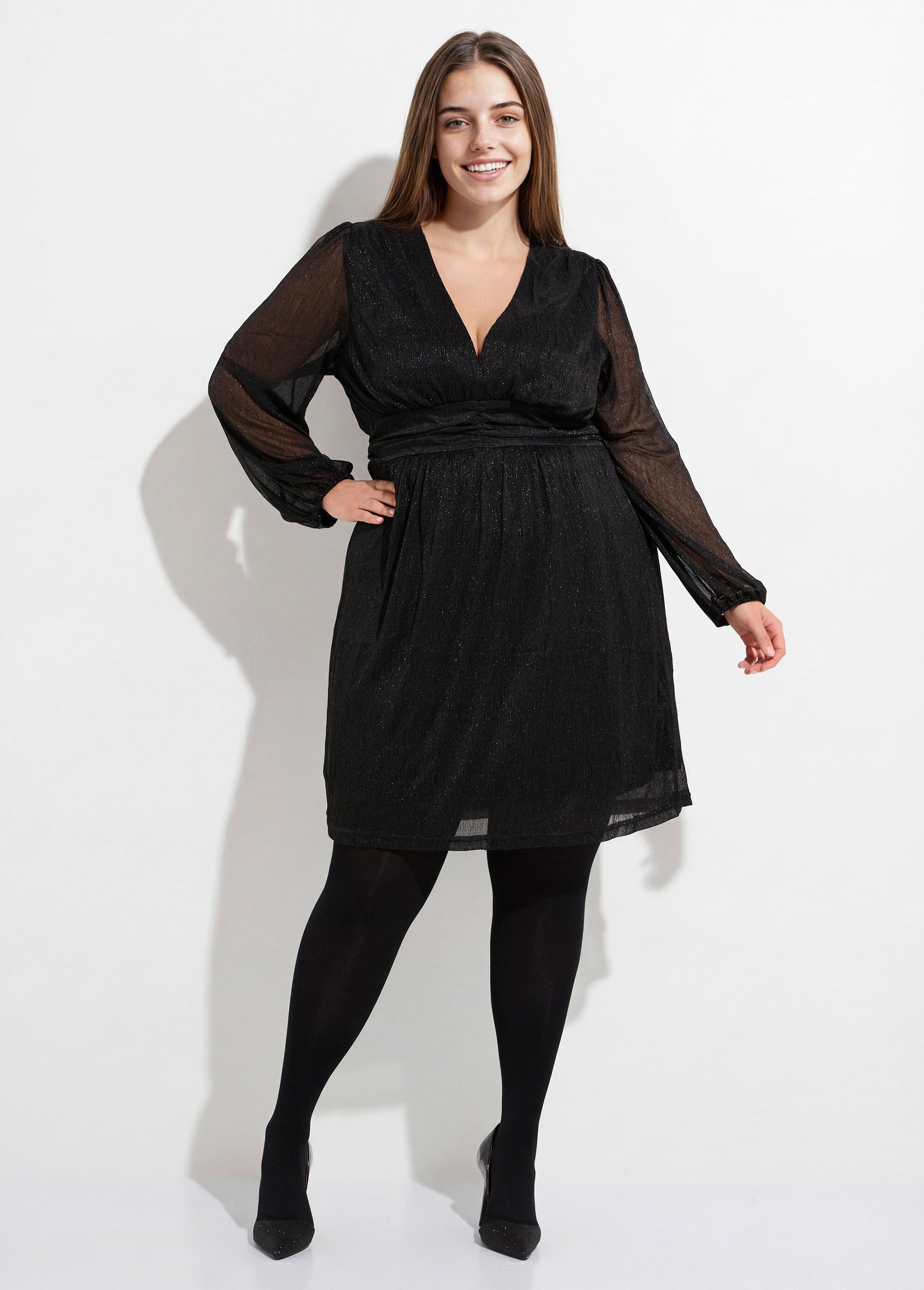 Robe taille haute chic en voile pailleté Femme Noir MA-1036-1211 FA1