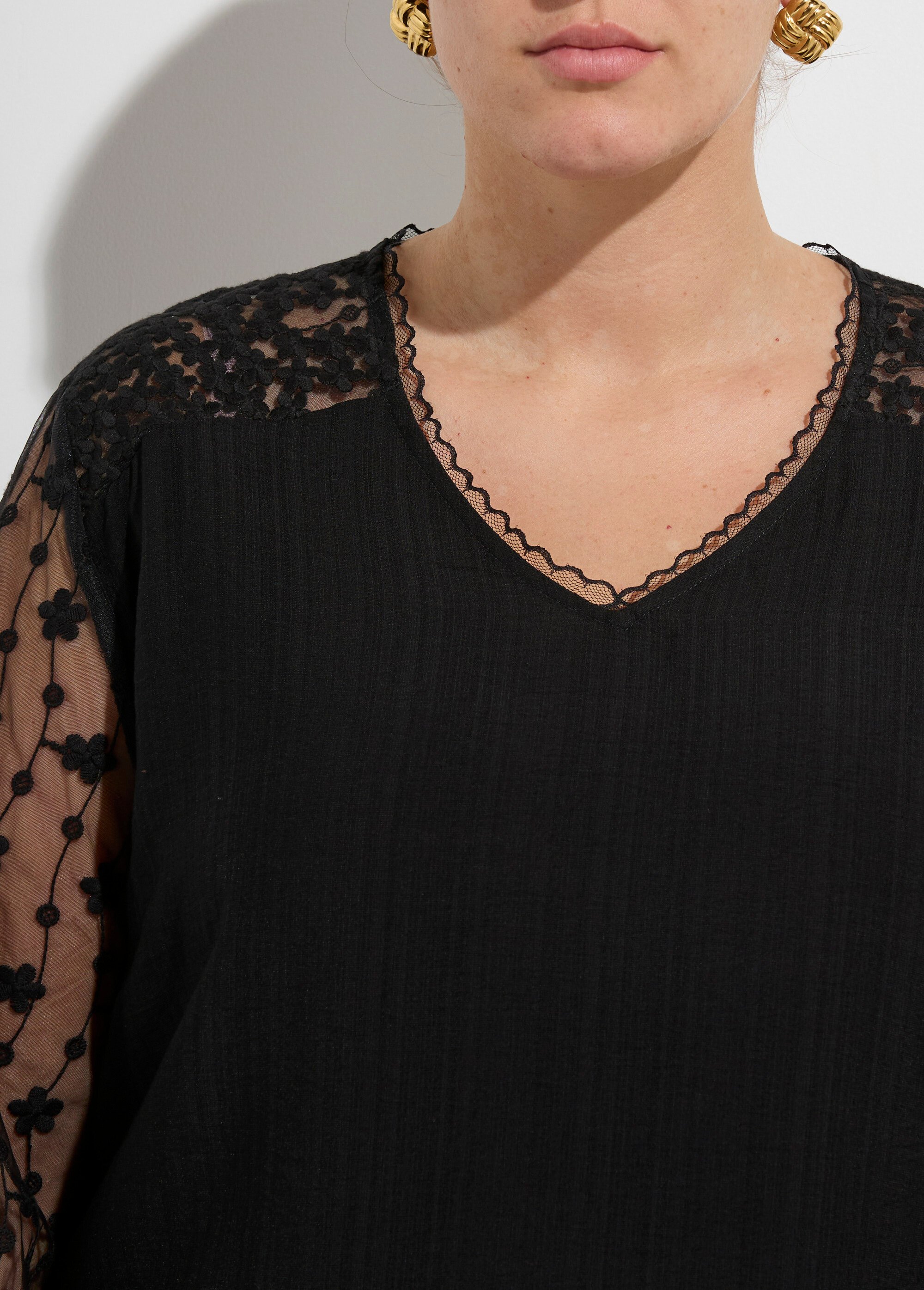 Tunique col V et manches dentelle fleurie Femme Grande Taille Noir MA-M859-1539 DE2