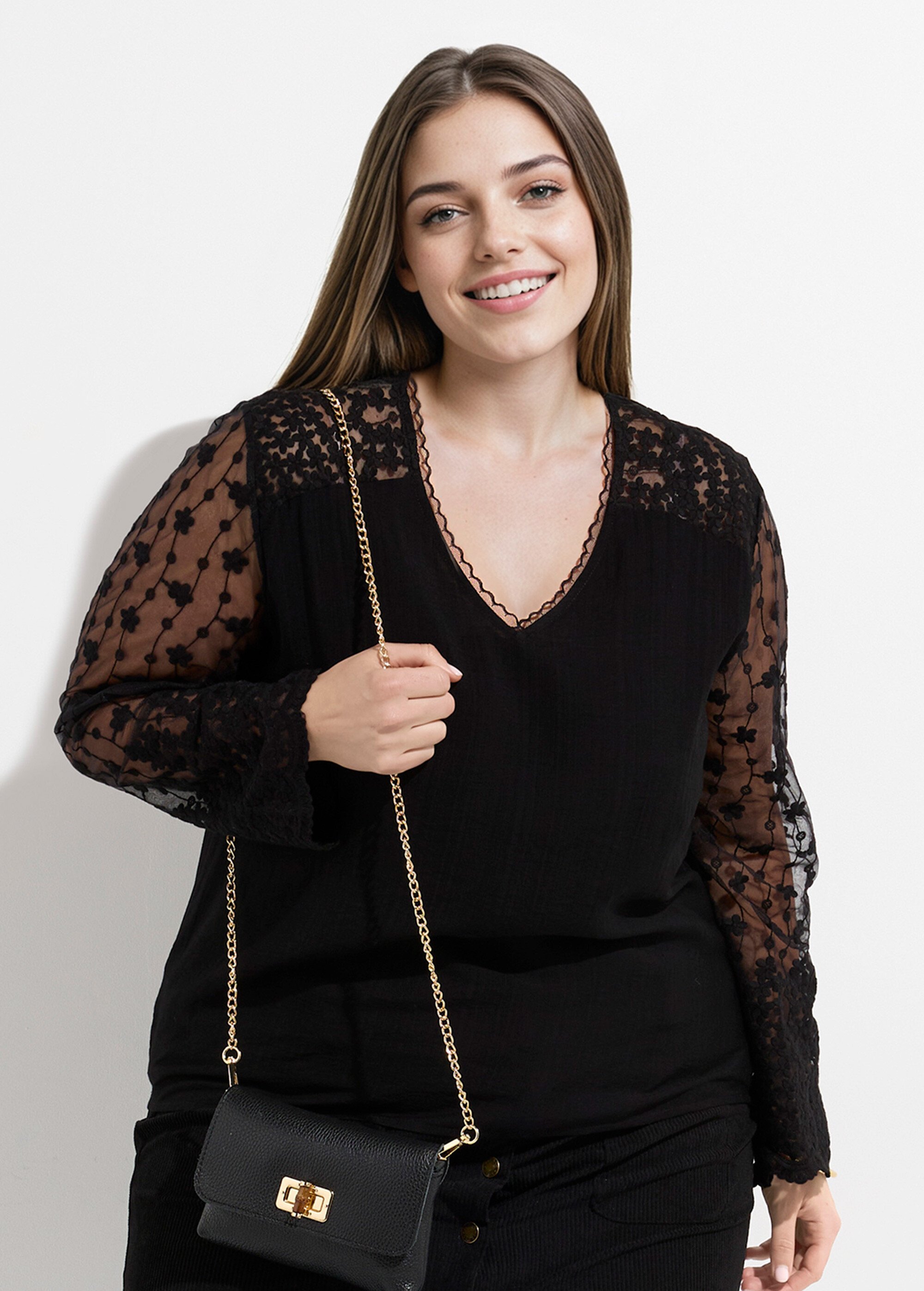 Tunique col V et manches dentelle fleurie