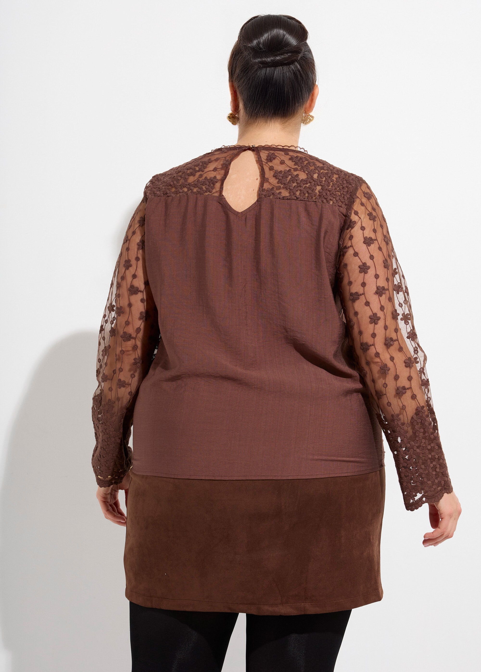 Tunique col V et manches dentelle fleurie Femme Grande Taille Marron MA-M859-1539 DO1