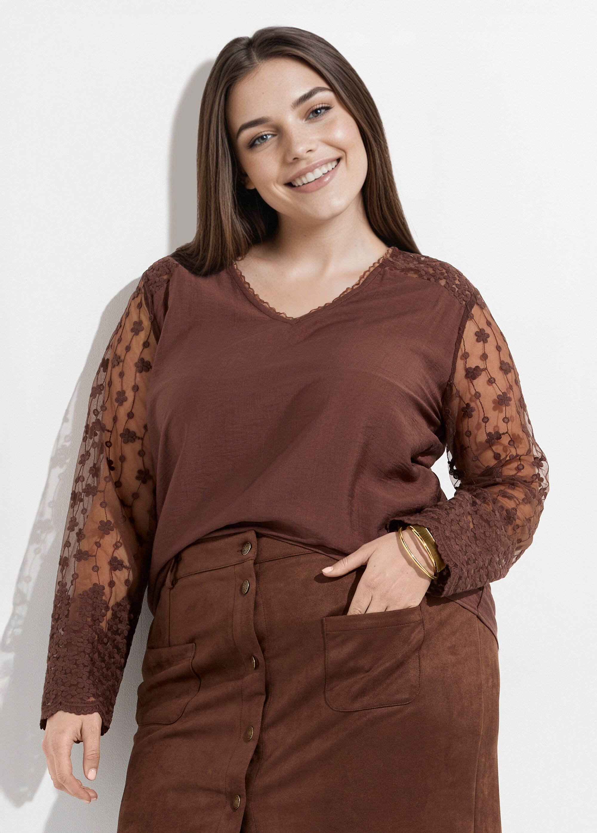 Tunique col V et manches dentelle fleurie Femme Grande Taille Marron MA-M859-1539 MV1