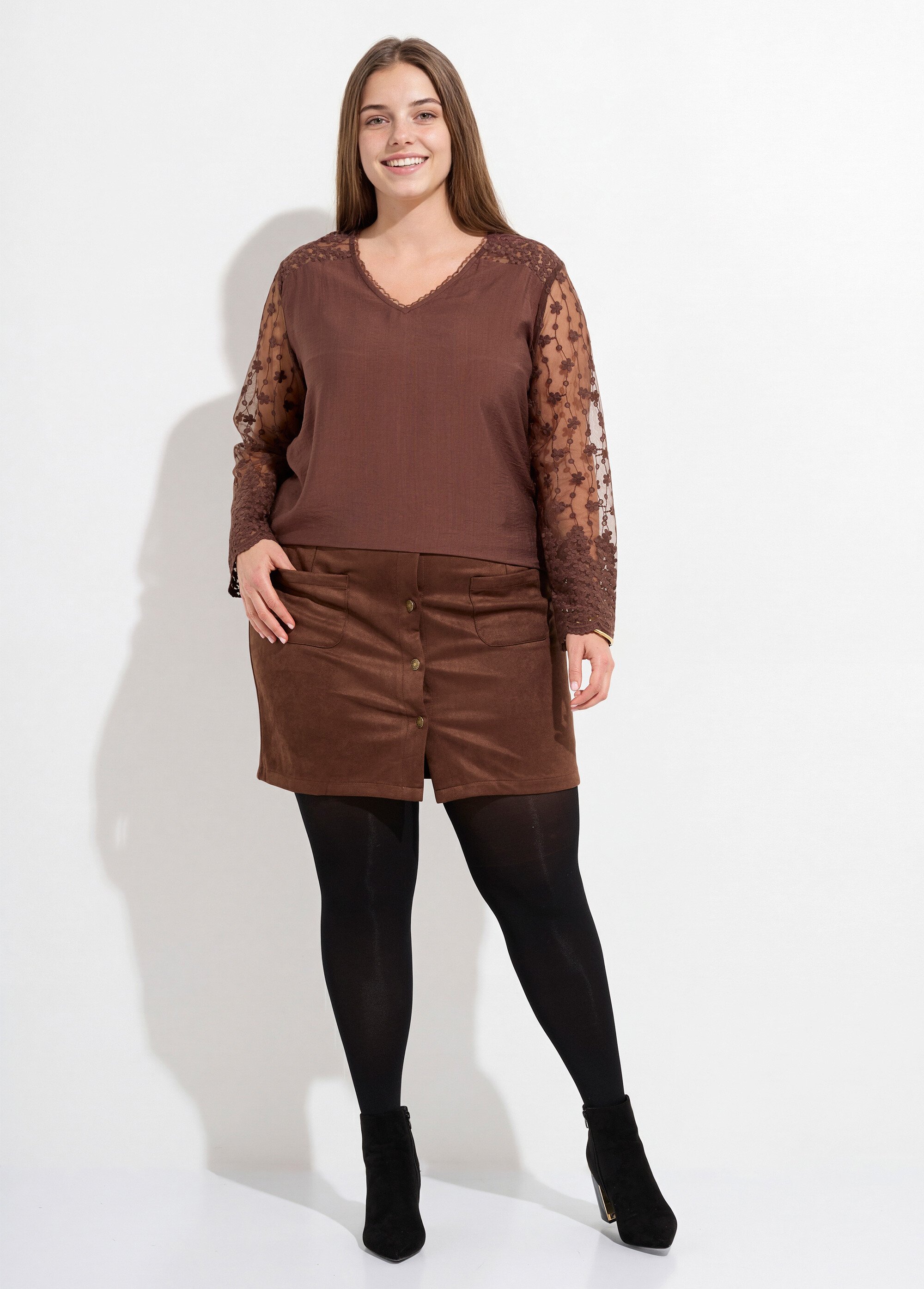 Tunique col V et manches dentelle fleurie Femme Grande Taille Marron MA-M859-1539 SF1