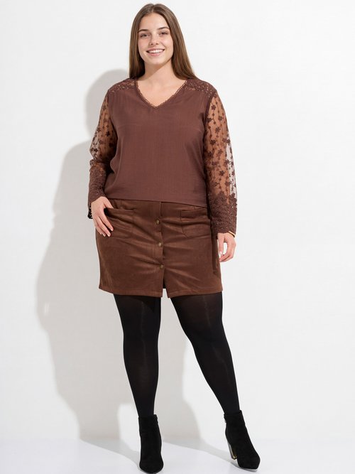 Tunique col V et manches dentelle fleurie Femme Grande Taille Marron MA-M859-1539 SF1