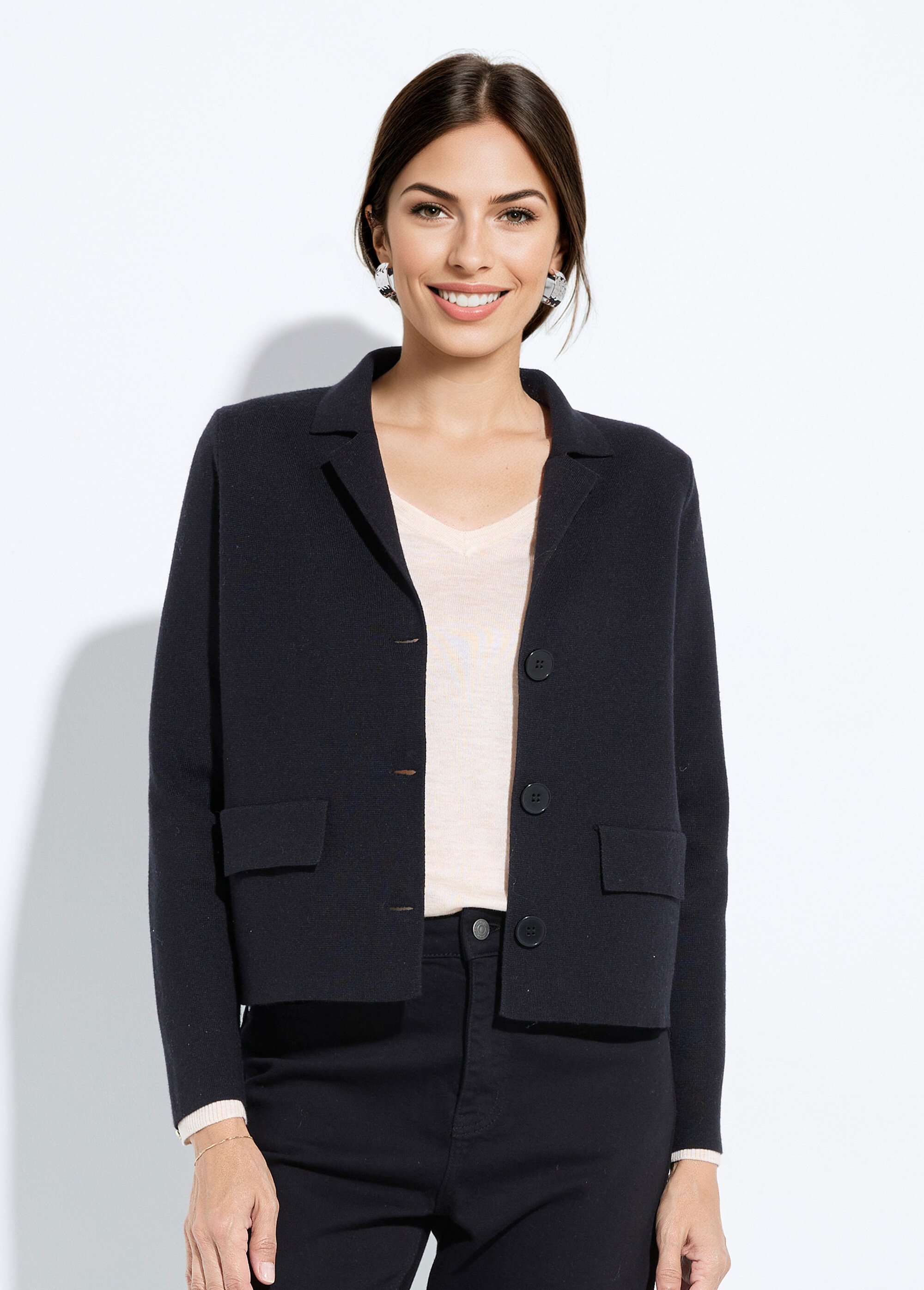 Veste courte jacquard uni col tailleur Femme Noir IA-S5050 FA1