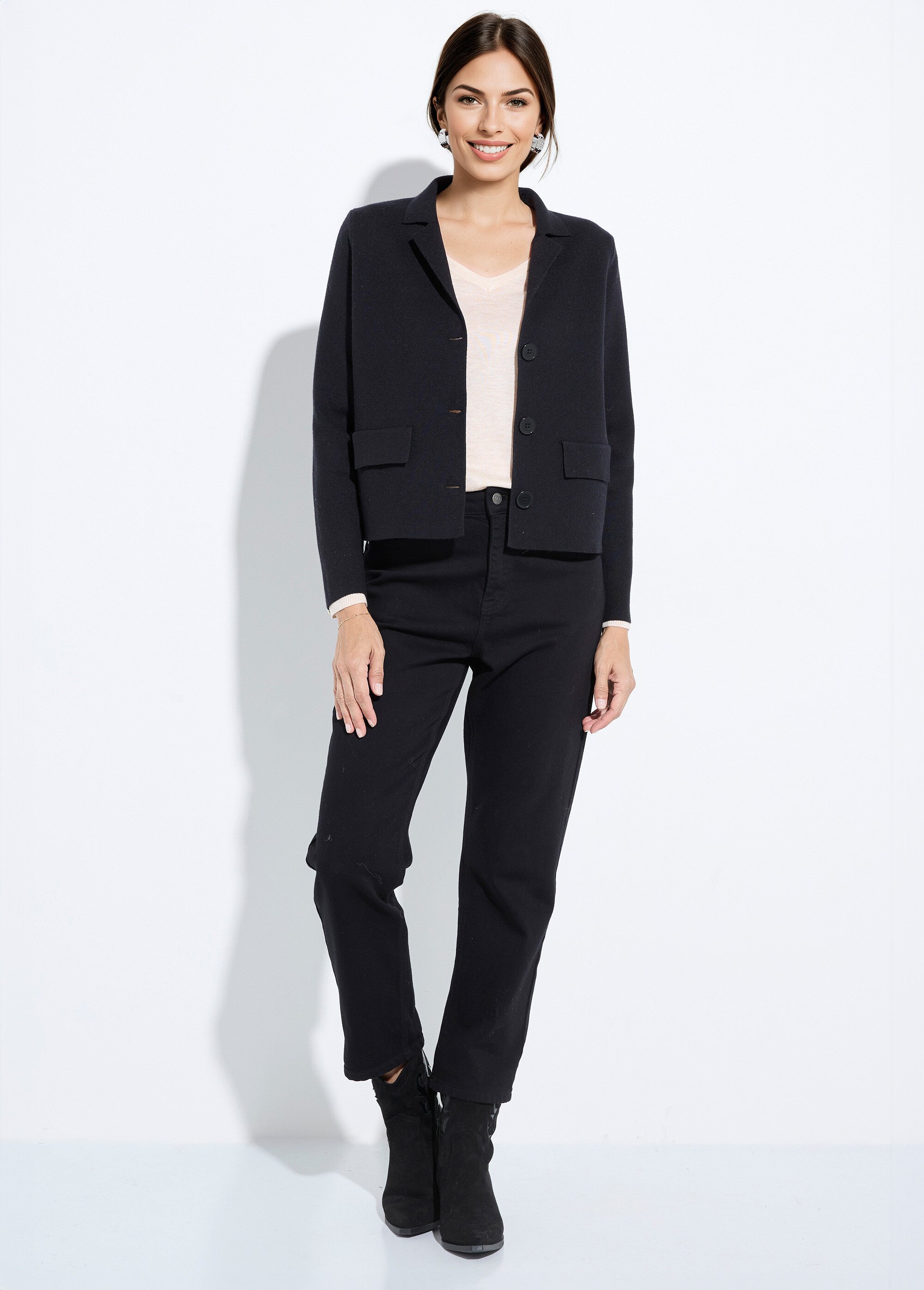 Veste courte jacquard uni col tailleur Femme Noir IA-S5050 SF1