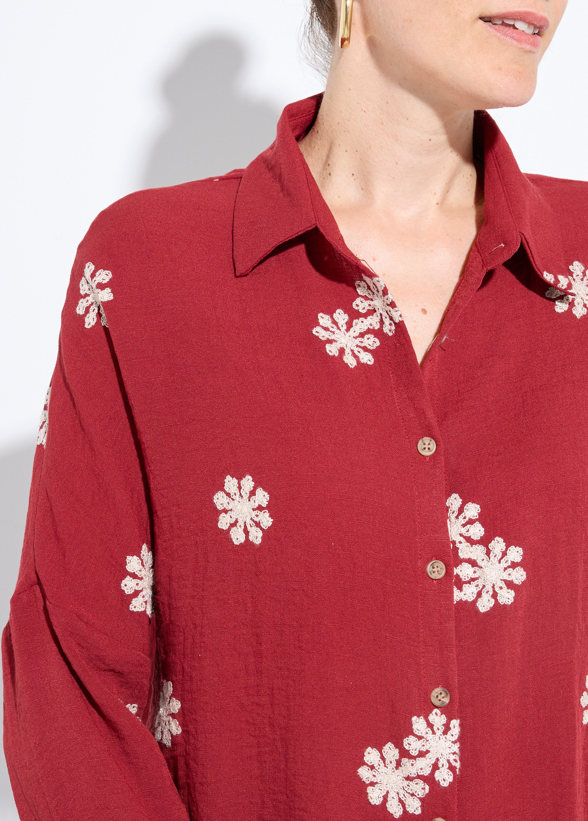 Chemisier avec broderies fleurs stylisées Femme Rouge IA-C758 DE1