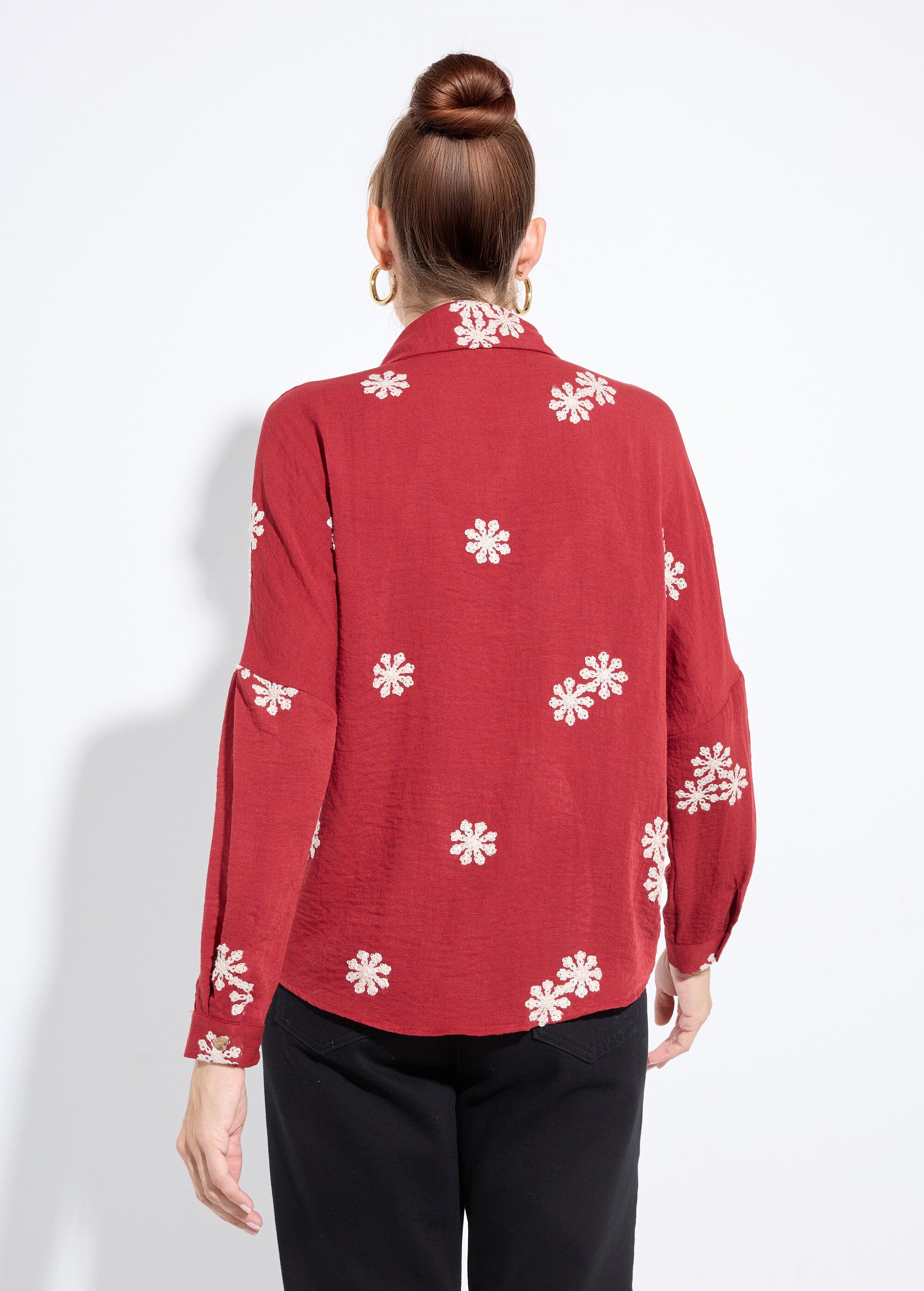 Chemisier avec broderies fleurs stylisées Femme Rouge IA-C758 DO1