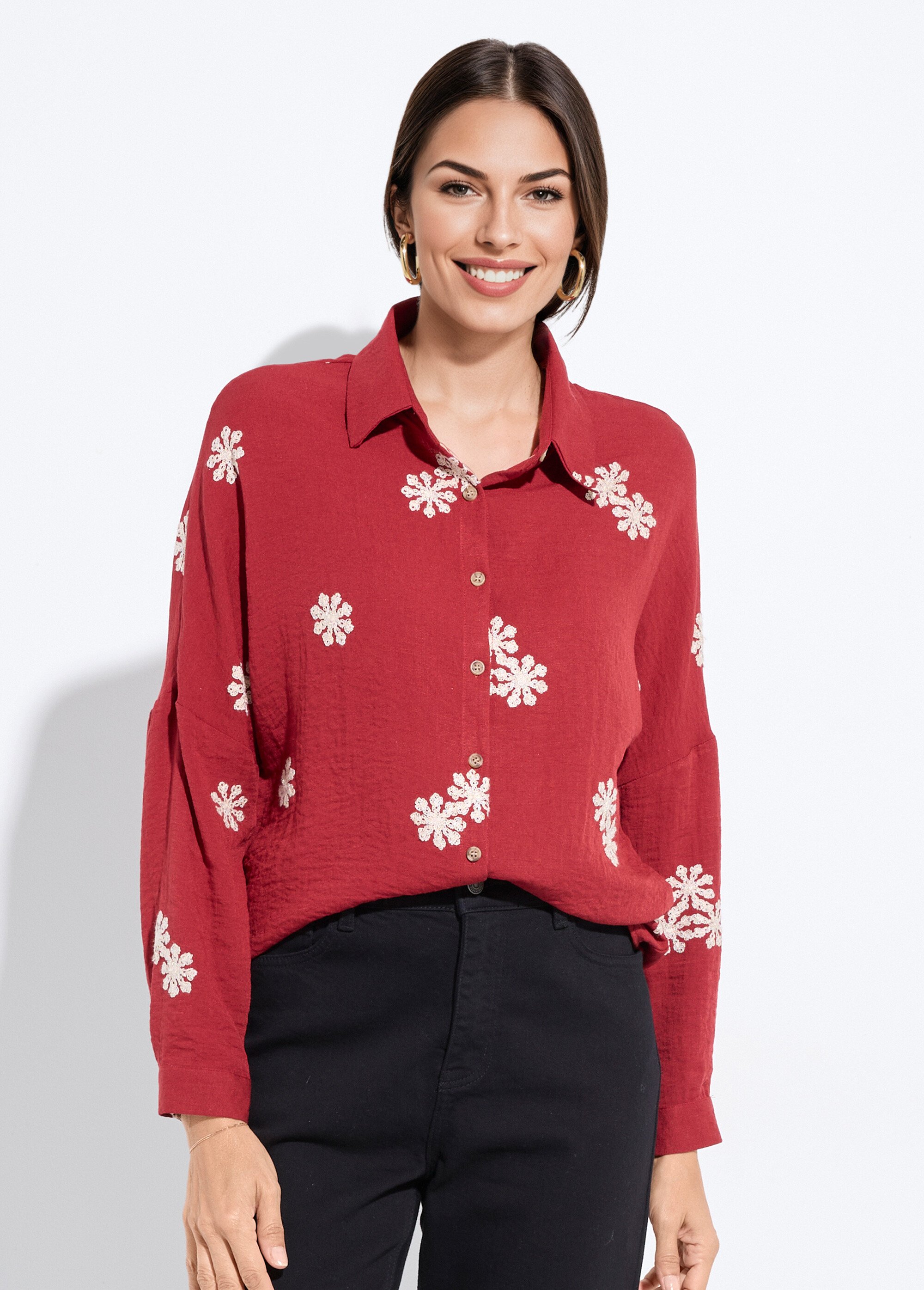 Chemisier avec broderies fleurs stylisées Femme Rouge IA-C758 FA1