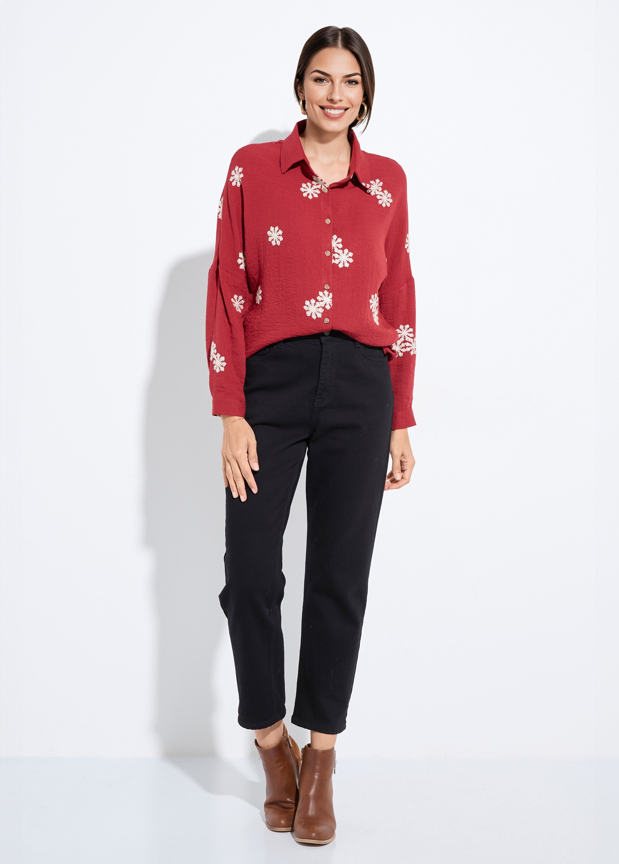 Chemisier avec broderies fleurs stylisées Femme Rouge IA-C758 SF1